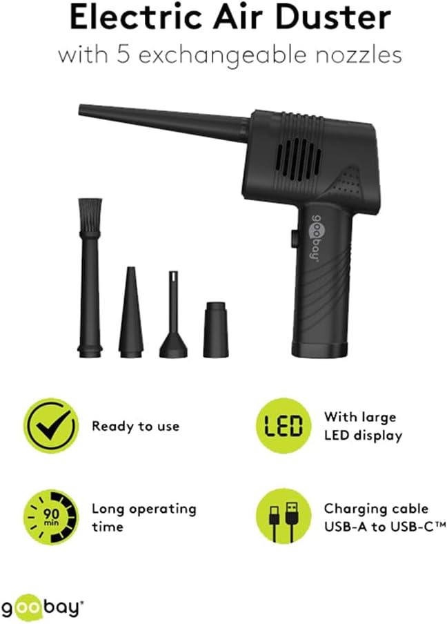 Elektrische Staubgebläse, 3 Stufen, 2.000 mAh Akku, 35.000 U/min, Wiederaufladbares Druckluftspray, bis 90 min Betriebsdauer, Reinigung für PC, Sofa, Tastatur, Auto, Sofa, LED Display