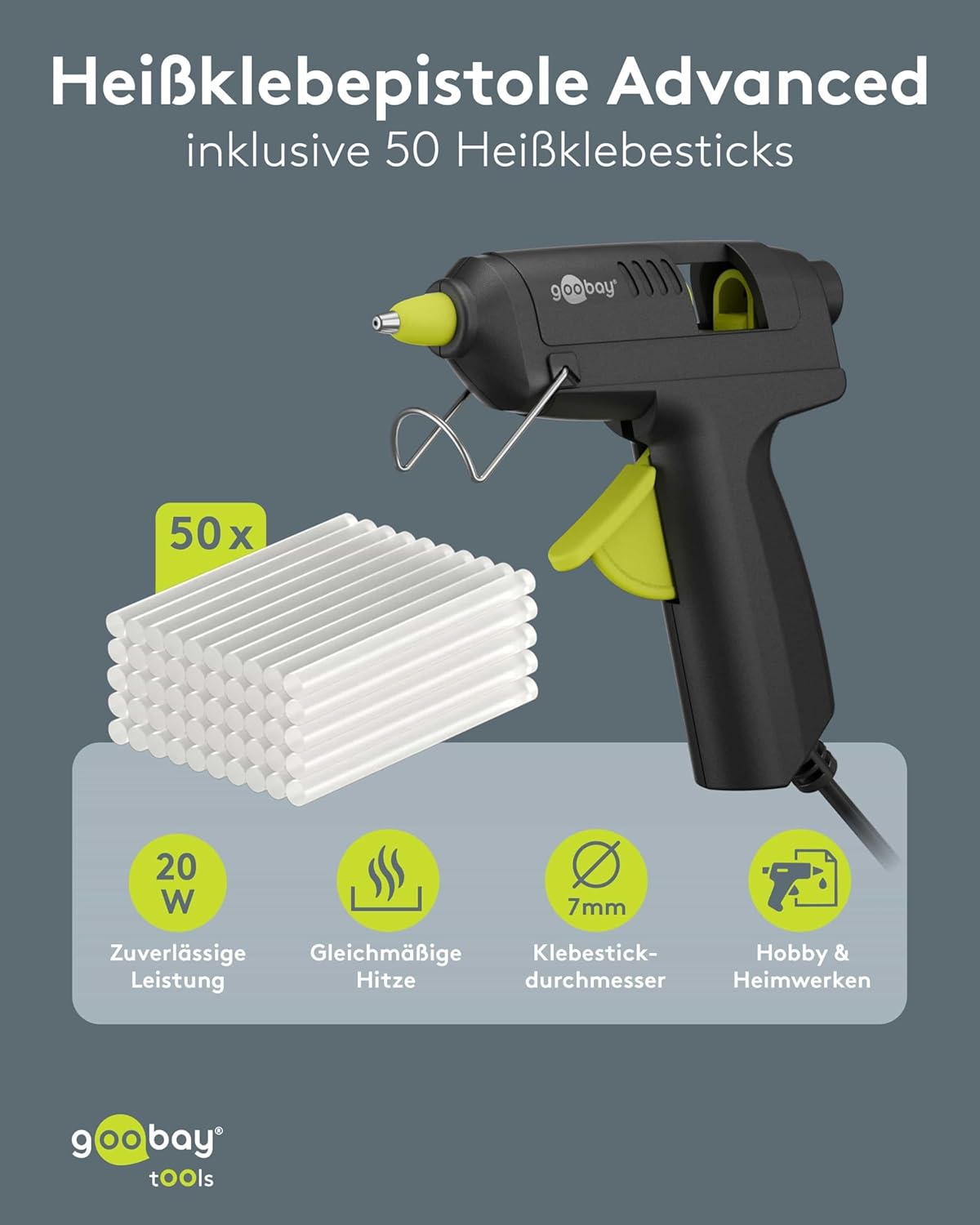 Heißklebepistole 20W inkl. 50 Klebesticks - für 7mm Sticks, 1m Kabel, schnelle Aufheizzeit 3-4 min, Reparaturen oder DYI, vielseitig einsetzbar für Keramik, Holz, Metall, Leder