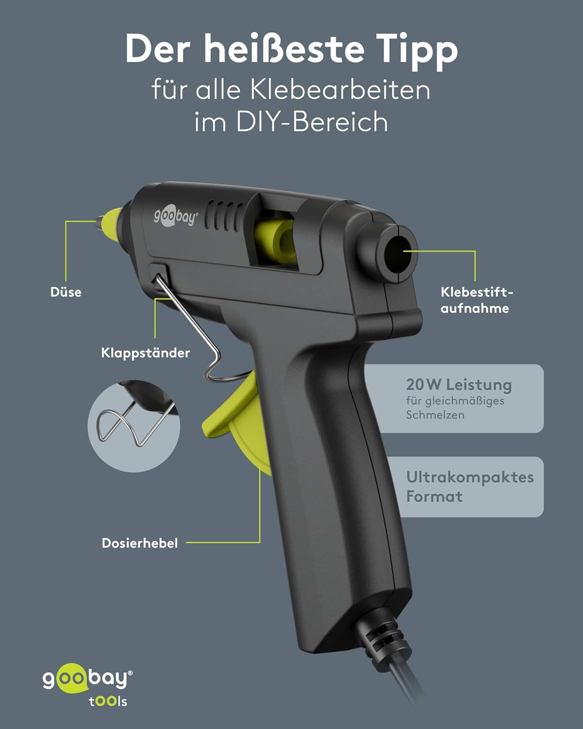 Heißklebepistole 20W inkl. 50 Klebesticks - für 7mm Sticks, 1m Kabel, schnelle Aufheizzeit 3-4 min, Reparaturen oder DYI, vielseitig einsetzbar für Keramik, Holz, Metall, Leder