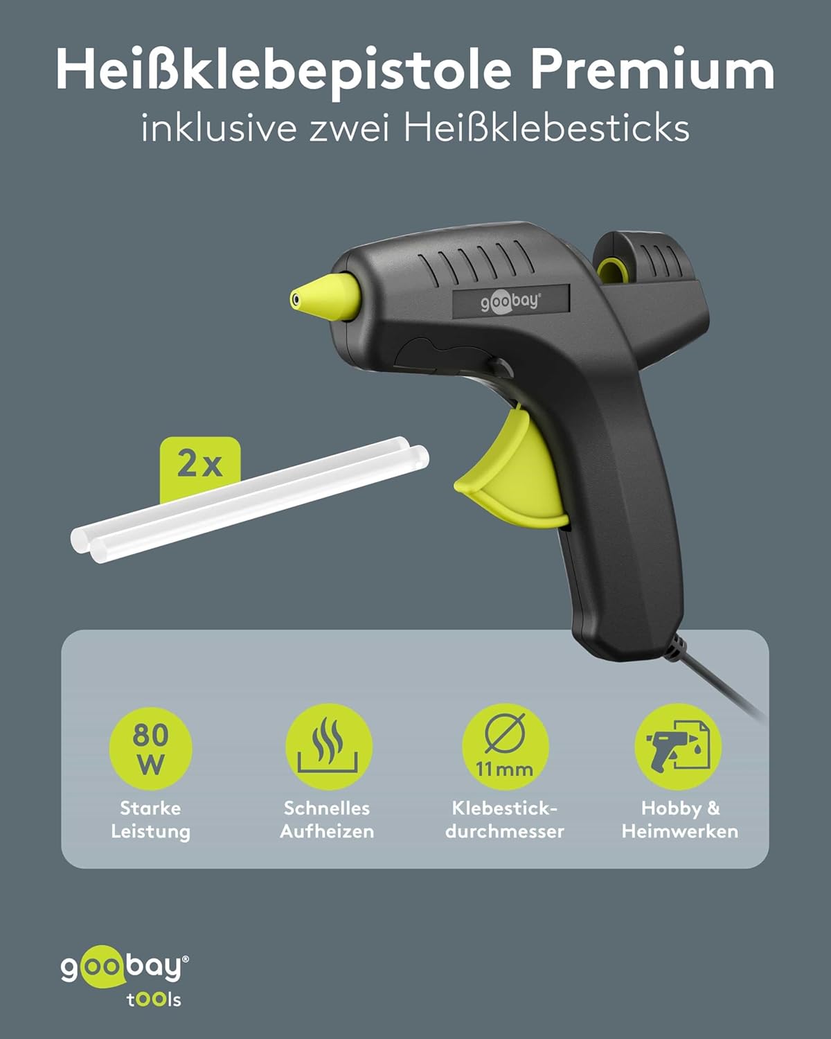 Heißklebepistole 80W inkl. 2 Klebesticks - für 11mm Sticks, 1m Kabel, schnelle Aufheizzeit 2-3 min, Reparaturen oder DYI, vielseitig einsetzbar für Keramik, Holz, Metall, Leder
