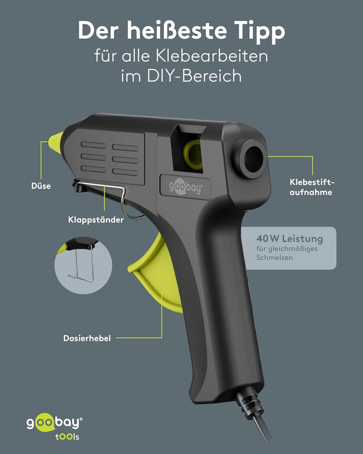 Heißklebepistole 40W inkl. 20 Klebesticks - für 11mm Sticks, 1m Kabel, schnelle Aufheizzeit 2-3 min, Reparaturen oder DYI, vielseitig einsetzbar für Keramik, Holz, Metall, Leder