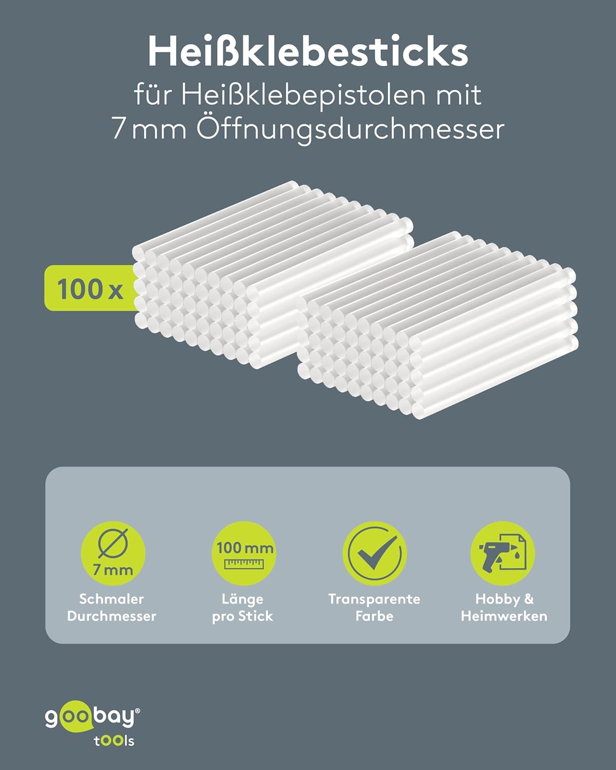 Heißklebepistole Sticks 7x100 mm, 100 Stk, Klebesticks für Standard-Klebepistolen, Heißklebesticks, schnelltrocknend, für Modellbau, Bastel- und DIY-Projekte, Transparent
