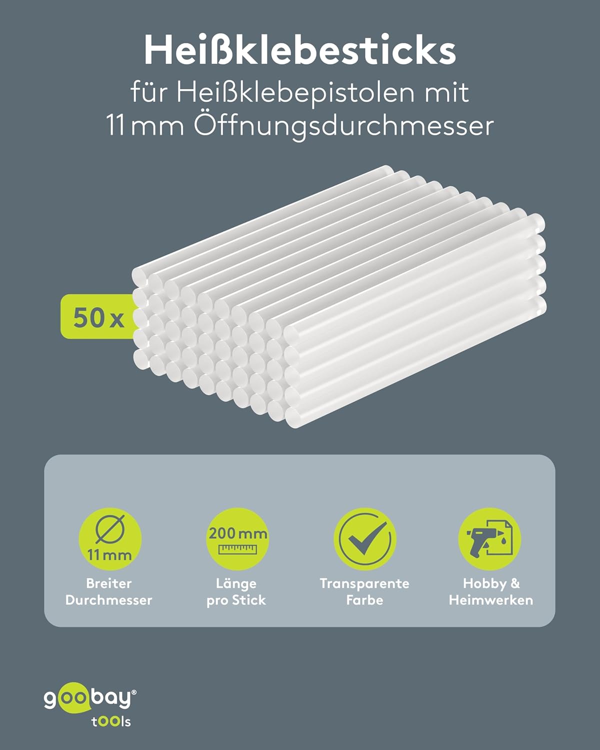 Heißklebepistole Sticks 11x200 mm, 50 Stk, Klebesticks für Standard-Klebepistolen, Heißklebesticks, schnelltrocknend, für Modellbau, Bastel- und DIY-Projekte, Transparent
