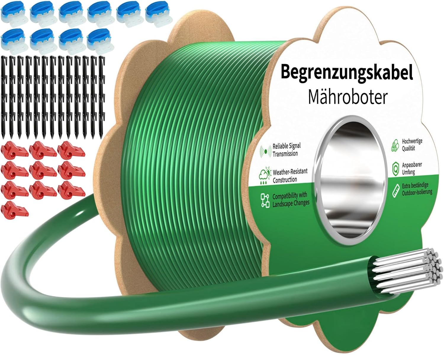 Begrenzungskabel Mähroboter - 150m Rasenroboter Begrenzungsdraht Ø2,7mm Set mit 100 Erdnägel +20 Verbinder +20 Anschlussklemmen, Allgemein Rasenmäher Roboter Kabel Kompatibel mit Gardena Husqvarna Worx Bosch