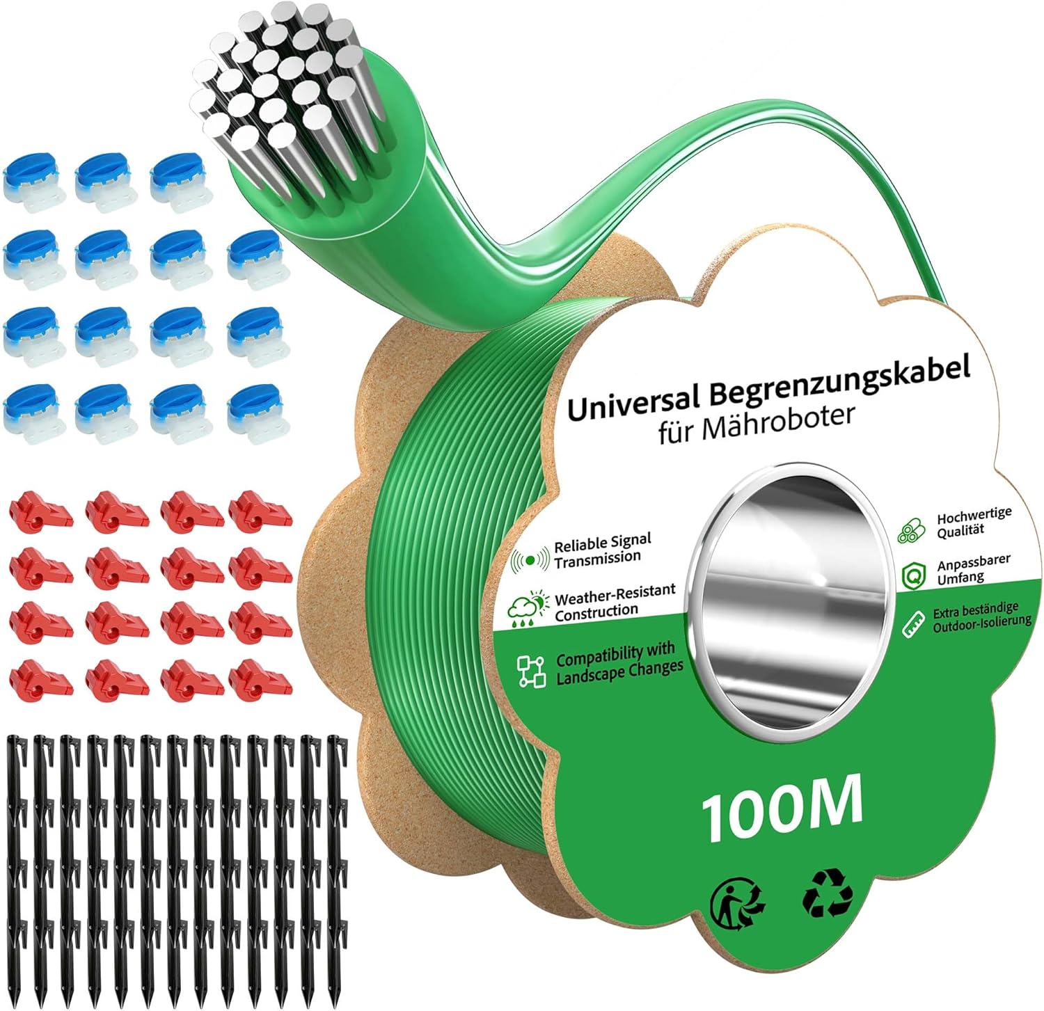 Begrenzungskabel Mähroboter - 150m Rasenroboter Begrenzungsdraht Ø2,7mm Set mit 100 Erdnägel +20 Verbinder +20 Anschlussklemmen, Allgemein Rasenmäher Roboter Kabel Kompatibel mit Gardena Husqvarna Worx Bosch
