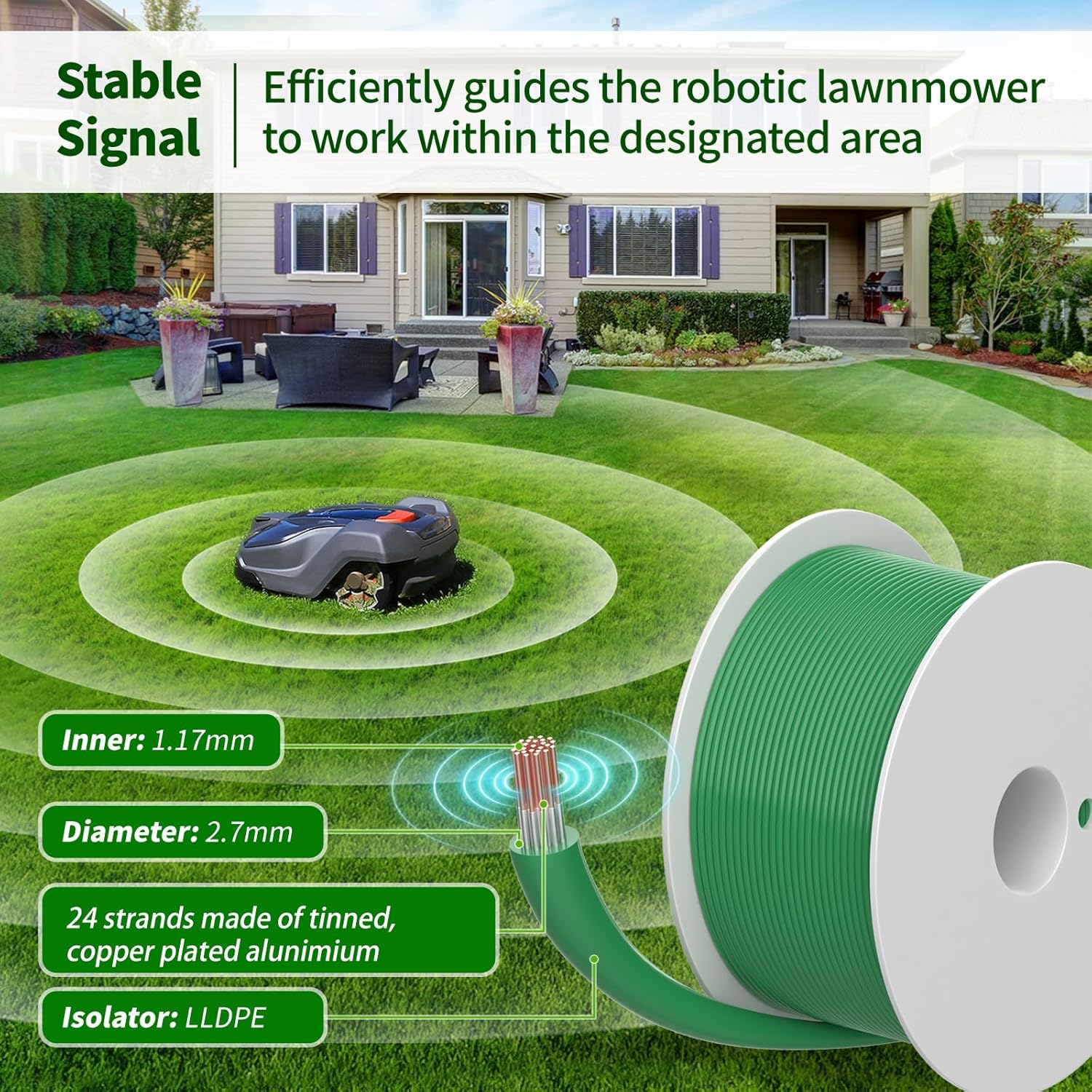 100m Universal Begrenzungskabel für Mähroboter - Headley Tools Begrenzungsdraht Enthält 50x Erdnägel+10x Kabelverbinder+9x Messer Kompatibel für Gardena / Husqvarna / Worx