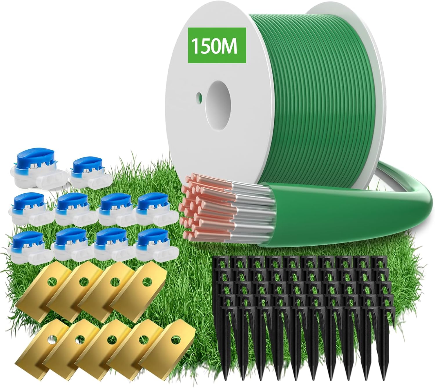150m Universal Begrenzungskabel für Mähroboter - Headley Tools Begrenzungsdraht Enthält 50x Erdnägel+10x Kabelverbinder+9x Messer Kompatibel für Gardena / Husqvarna / Worx