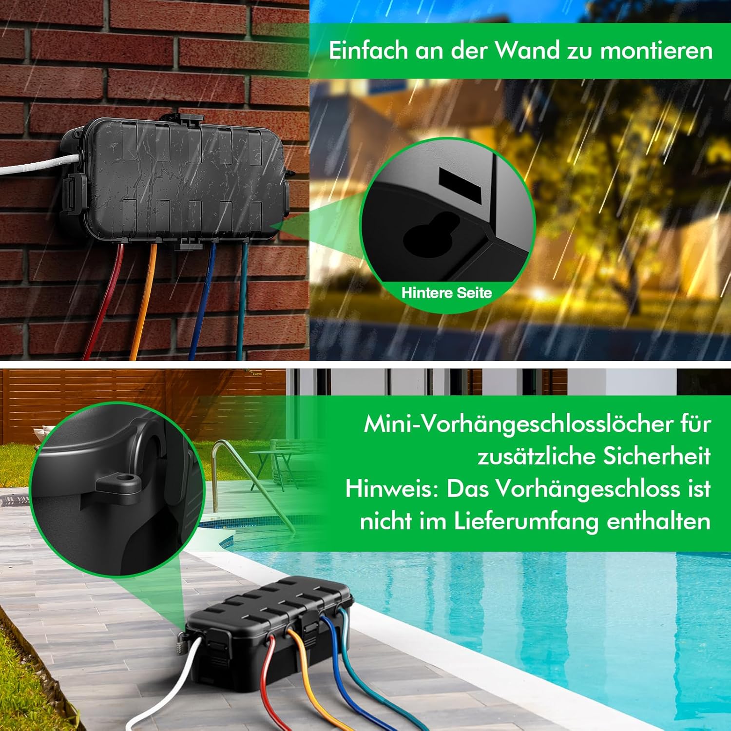 wasserdichte Kabelbox für den Außenbereich, IP54 wasserdicht, Wetterfeste Kabelbox, Ideal zum Schutz von Verlängerungskabeln, Steckdosenleisten und Winkelsteckern (29cm×13,2cm×10cm) Schwarz