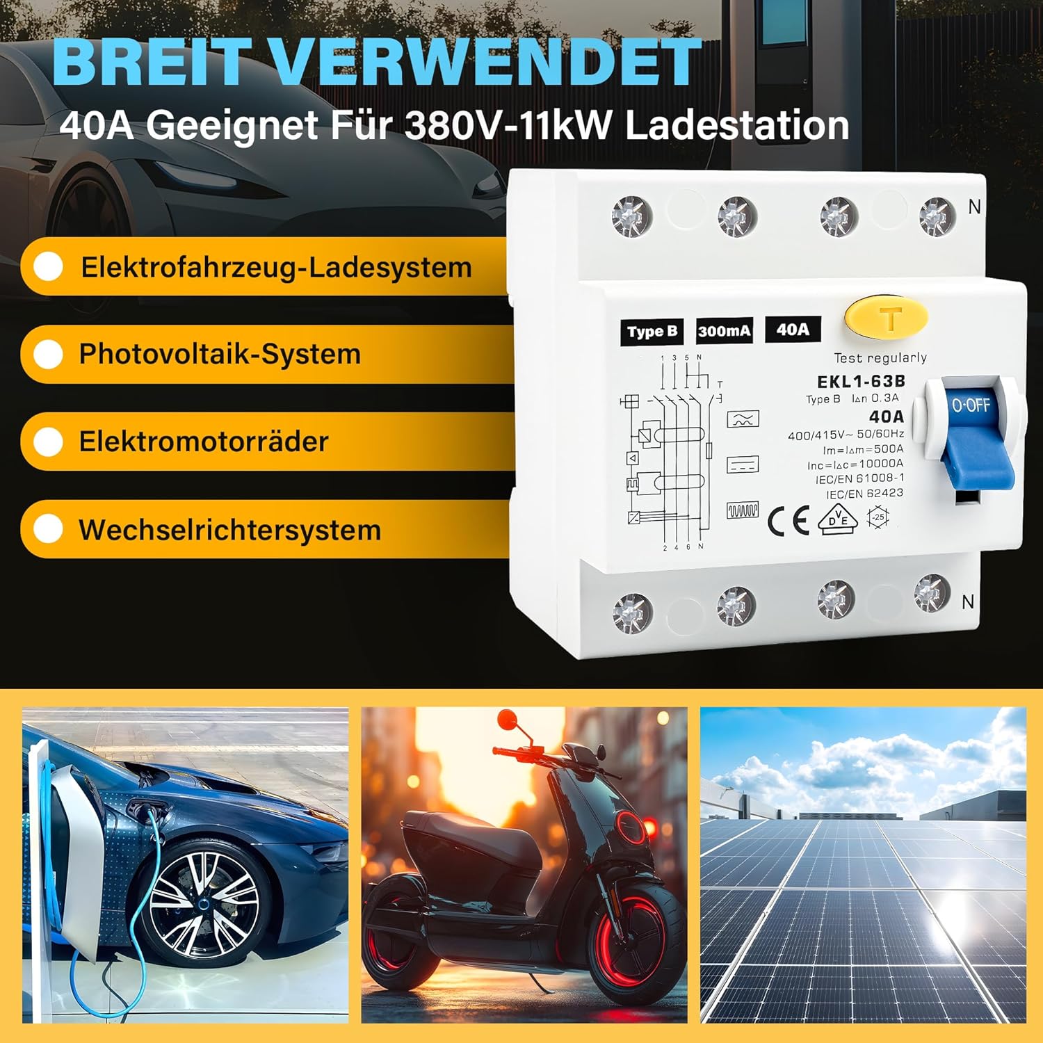 FI Schutzschalter Typ B 40A 300mA 4 Polig, VDE Zertifizierung Fehlerstromschutzschalter RCD Allstromsensitiver Schalter Automat Sicherun für Wallboxen Ladestationen, DIN Hutschiene Montage