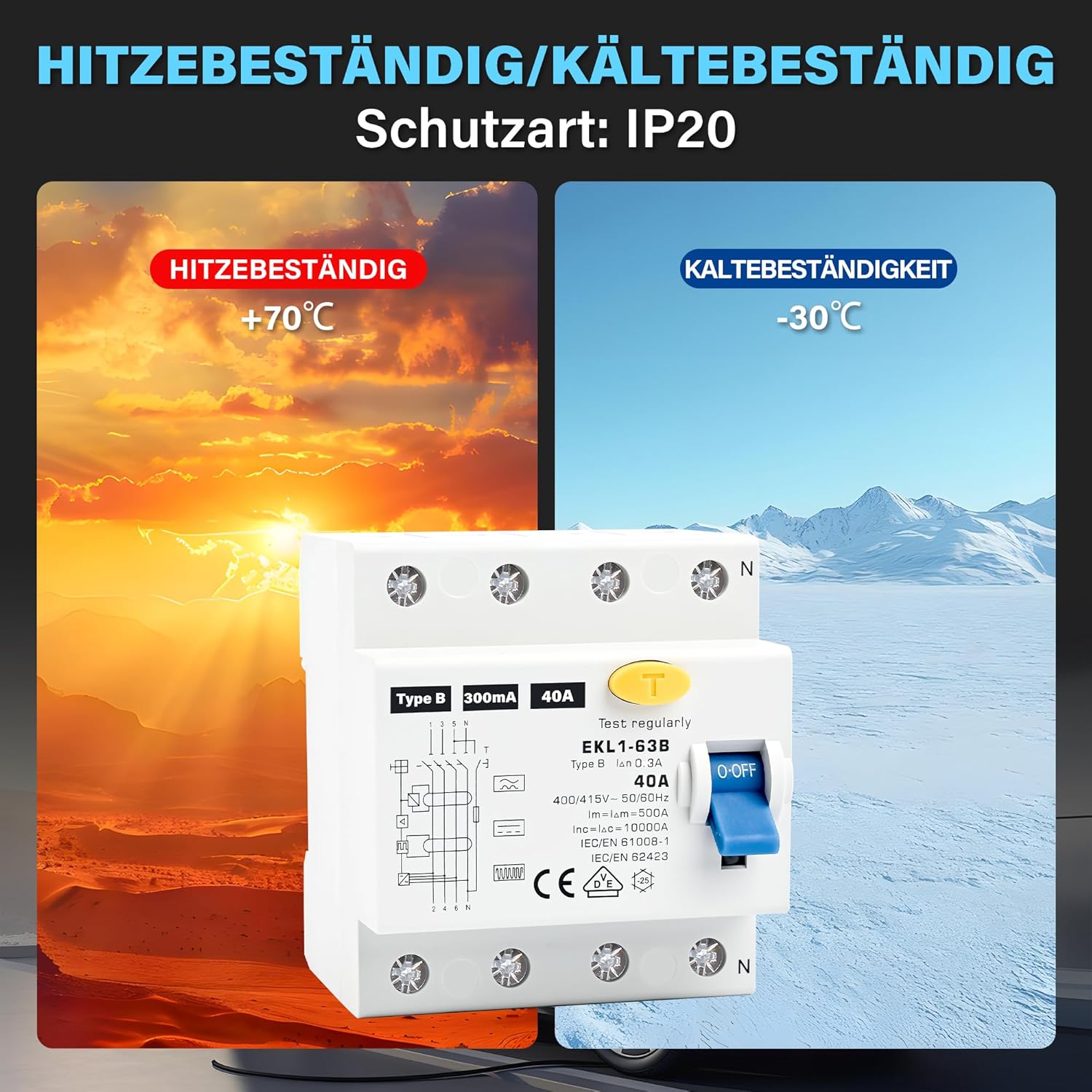 FI Schutzschalter Typ B 40A 300mA 4 Polig, VDE Zertifizierung Fehlerstromschutzschalter RCD Allstromsensitiver Schalter Automat Sicherun für Wallboxen Ladestationen, DIN Hutschiene Montage
