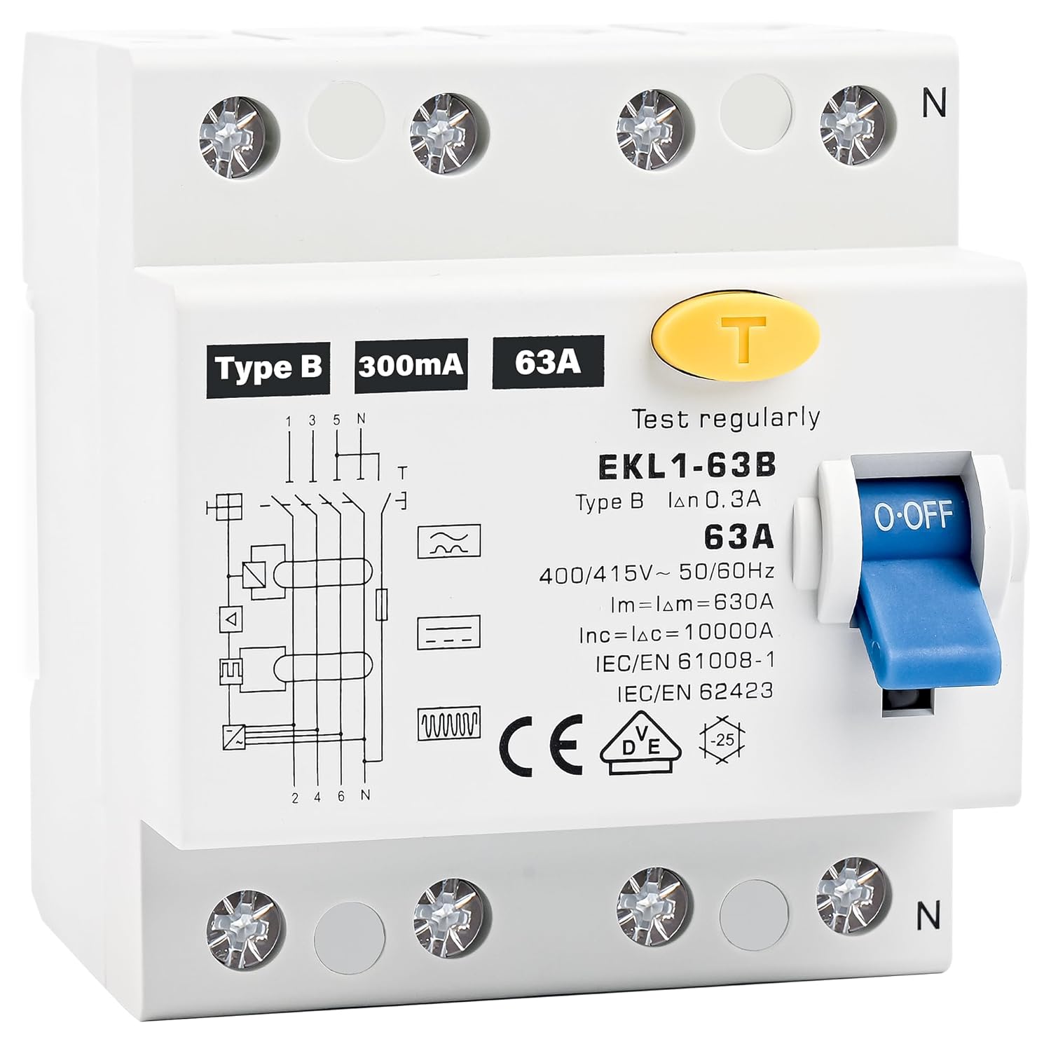 FI Schutzschalter Typ B 63A 300mA 4 Polig, VDE Zertifizierung Fehlerstromschutzschalter RCD Allstromsensitiver Schalter Automat Sicherun für Wallboxen Ladestationen, DIN Hutschiene Montage