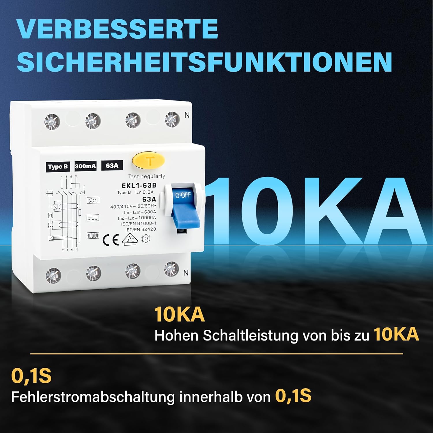 FI Schutzschalter Typ B 63A 300mA 4 Polig, VDE Zertifizierung Fehlerstromschutzschalter RCD Allstromsensitiver Schalter Automat Sicherun für Wallboxen Ladestationen, DIN Hutschiene Montage
