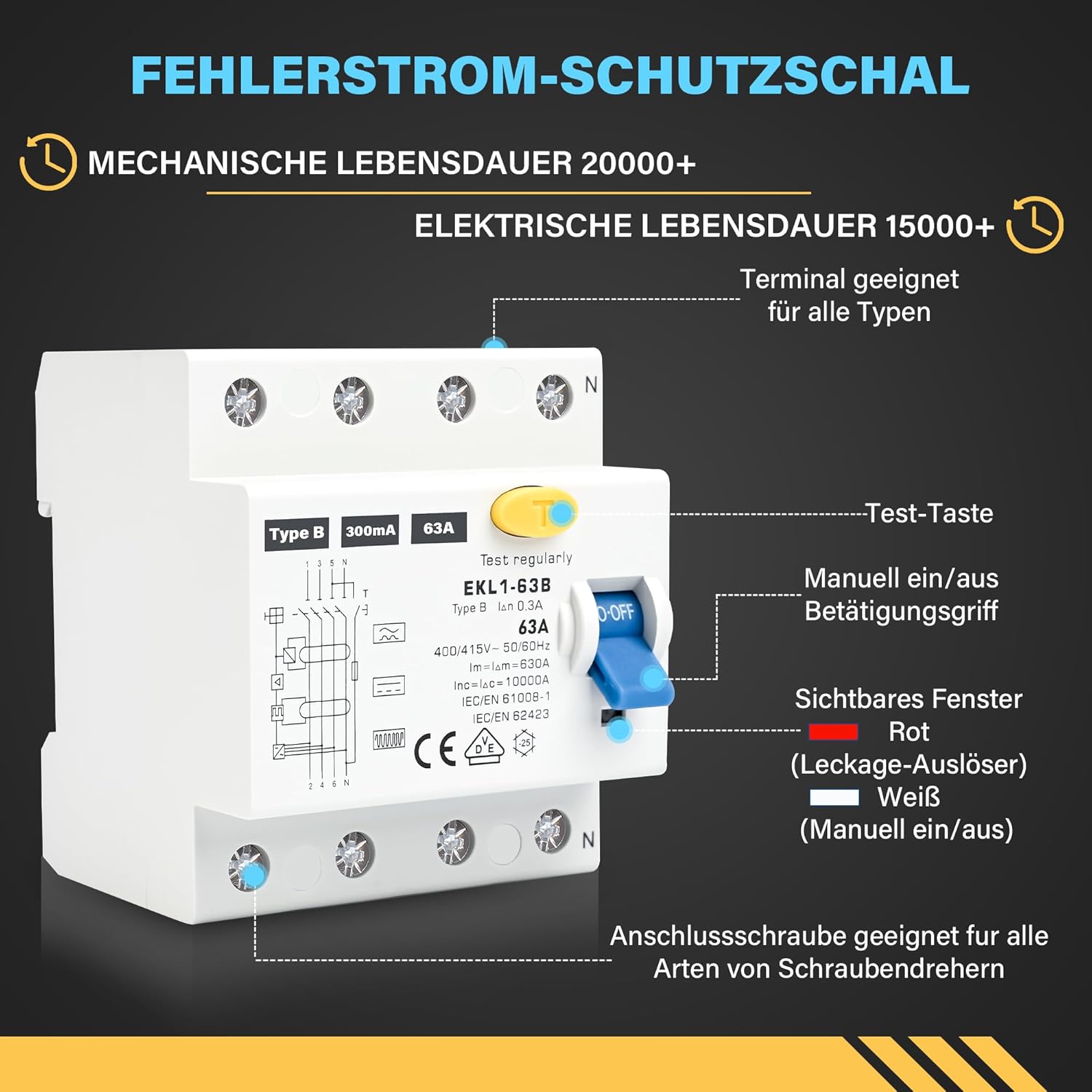 FI Schutzschalter Typ B 63A 300mA 4 Polig, VDE Zertifizierung Fehlerstromschutzschalter RCD Allstromsensitiver Schalter Automat Sicherun für Wallboxen Ladestationen, DIN Hutschiene Montage