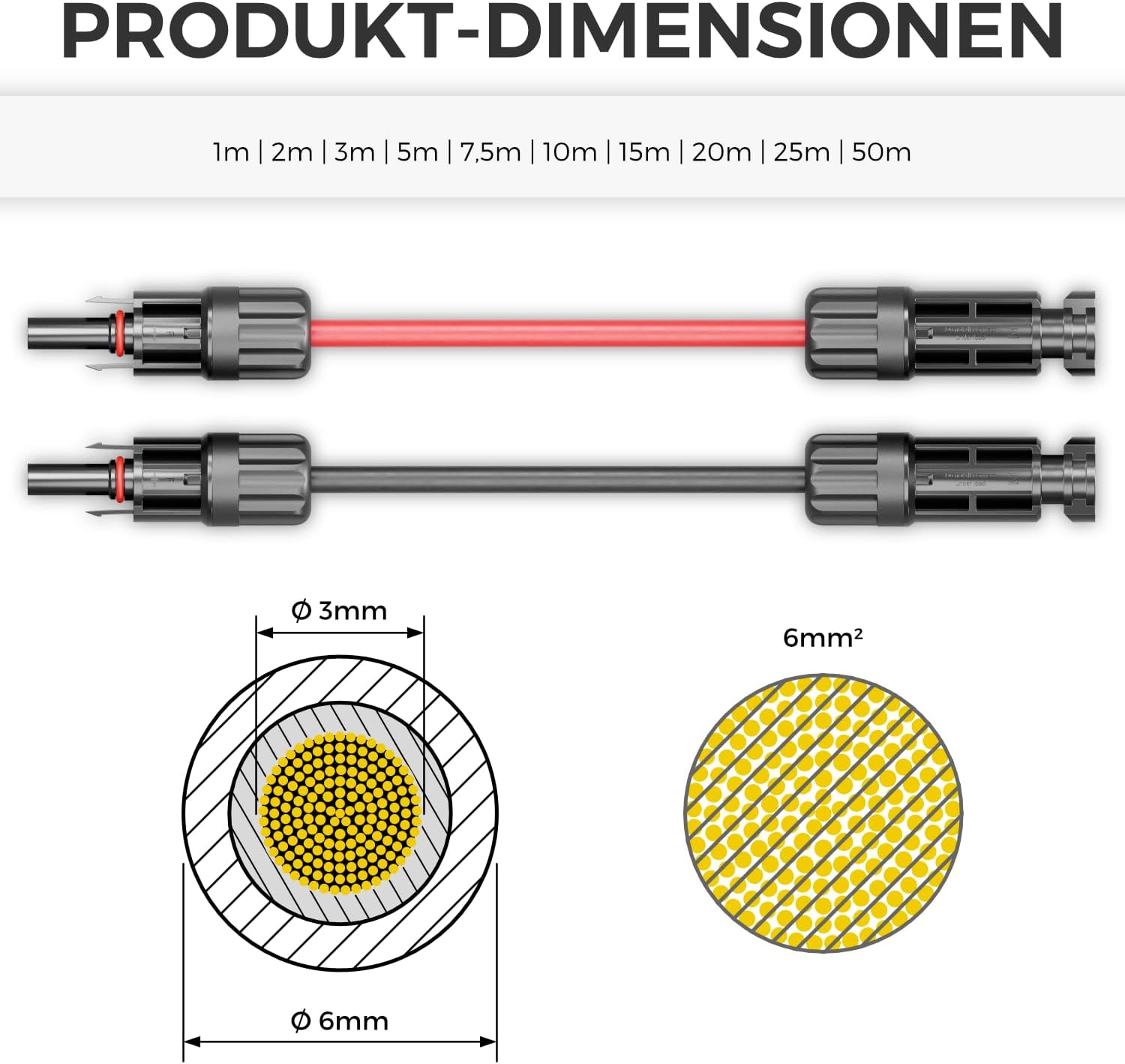 25m PV4 Solarkabel Verlängerung Set 6mm² für Photovoltaik-Anlagen - Verlängerungskabel für Serielle & Parallele Verkabelungen - 1kV AC 1,5kV DC - Wetterfest UV-Beständig IP68 - Rot & Schwarz