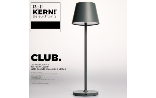 ROLF KERN – LED Tischlampe | CLUB 38cm | Aufladbarer Akku, Tischleuchte ohne Kabel, dimmbar per Touch, IP54 für Innen und Außen geeignet, 2700K Licht warmweiß, laden mit USB Kabel, basaltgrau [Energieklasse G]