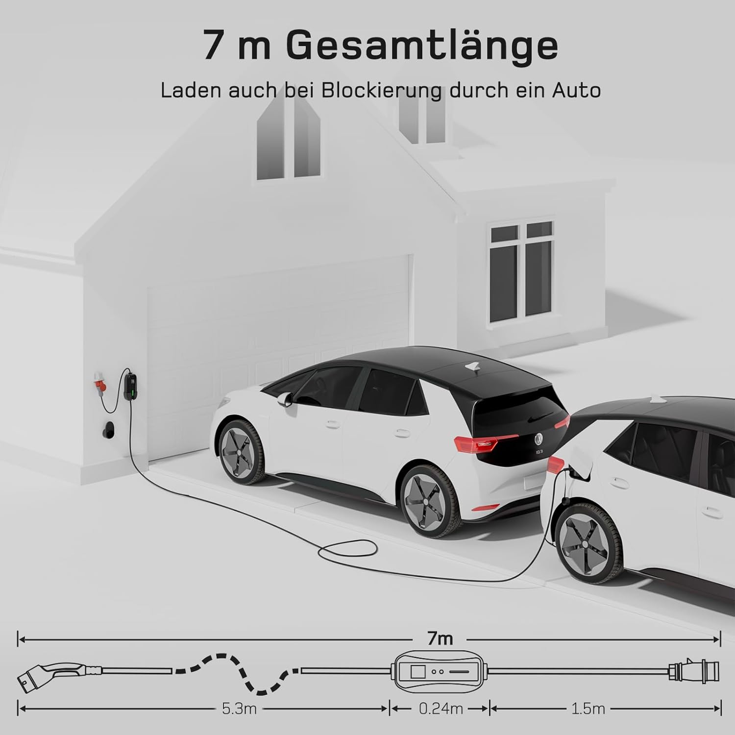 Mobile Wallbox / Ladestation 11kW [3-phasig | 7m | 6-16A] mit Einstellbarer Ladeleistung, Ladekabel CEE 16A auf Typ 2 und EV Ladegerät für Model Y/3, ID.3/4/5, MG4, EX30, e-up, e-tron, Zoe und andere EV