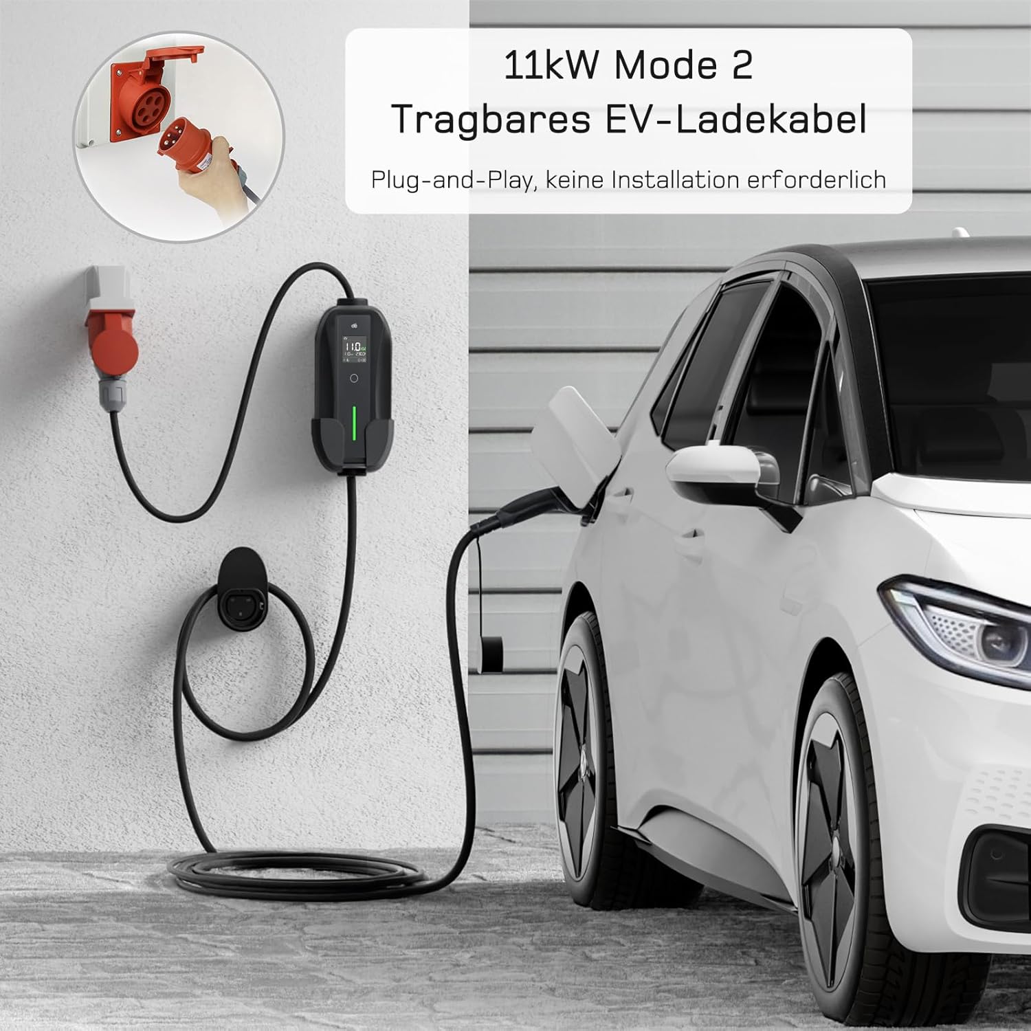Mobile Wallbox / Ladestation 11kW [3-phasig | 20m | 6-16A] mit Einstellbarer Ladeleistung, Ladekabel CEE 16A auf Typ 2 und EV Ladegerät für Model Y/3, ID.3/4/5, MG4, EX30, e-up, e-tron, Zoe und andere EV