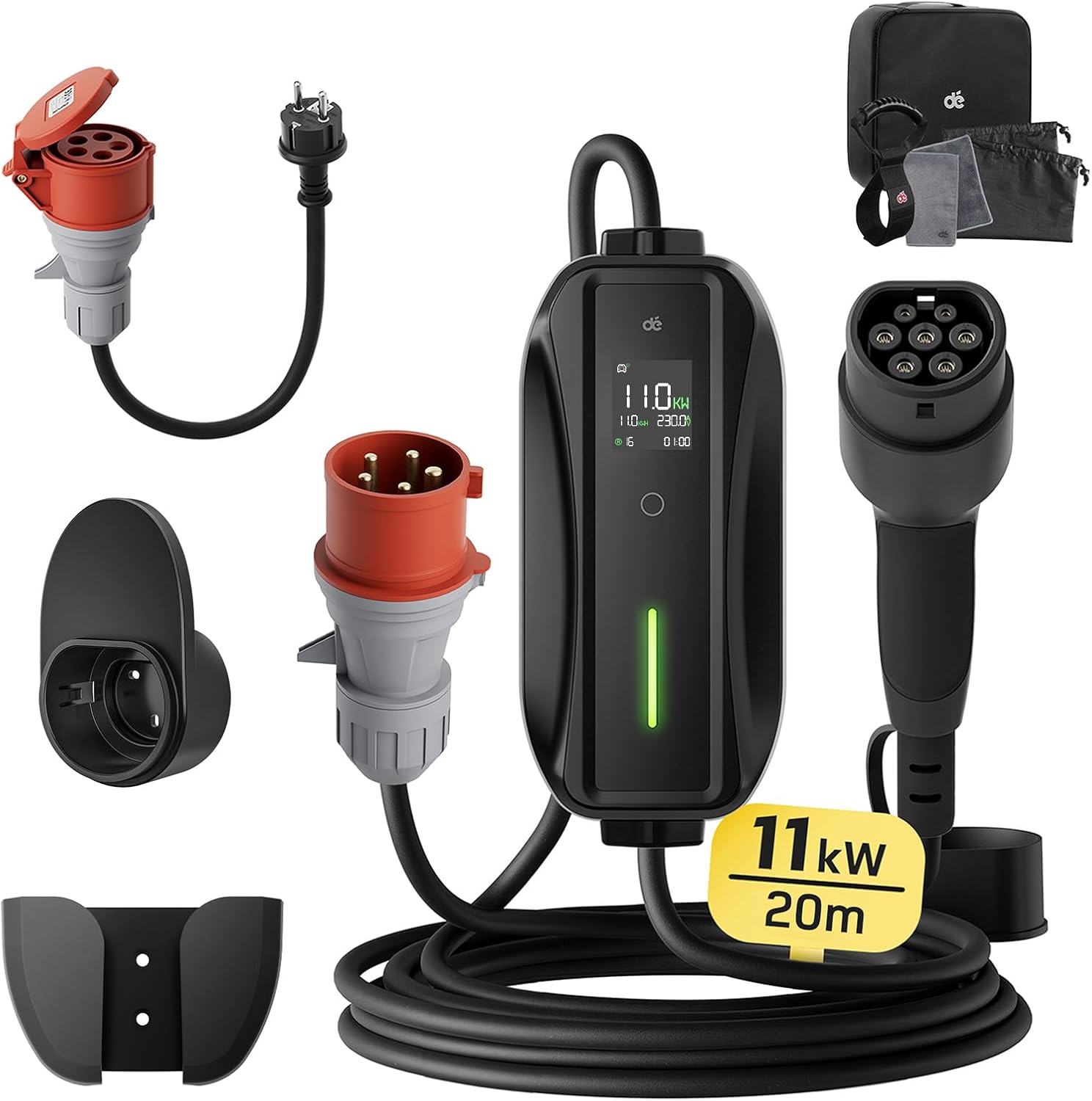 Mobile Wallbox / Ladestation 11kW [3-phasig | 20m | 6-16A] mit Einstellbarer Ladeleistung, Ladekabel CEE 16A auf Typ 2 und EV Ladegerät für Model Y/3, ID.3/4/5, MG4, EX30, e-up, e-tron, Zoe und andere EV