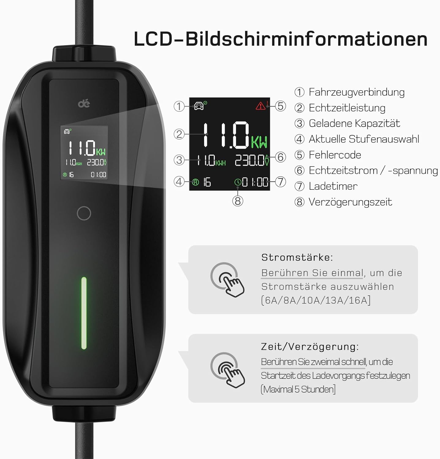 Mobile Wallbox / Ladestation 11kW [3-phasig | 25m | 6-16A] mit Einstellbarer Ladeleistung, Ladekabel CEE 16A auf Typ 2 und EV Ladegerät für Model Y/3, ID.3/4/5, MG4, EX30, e-up, e-tron, Zoe und andere EV