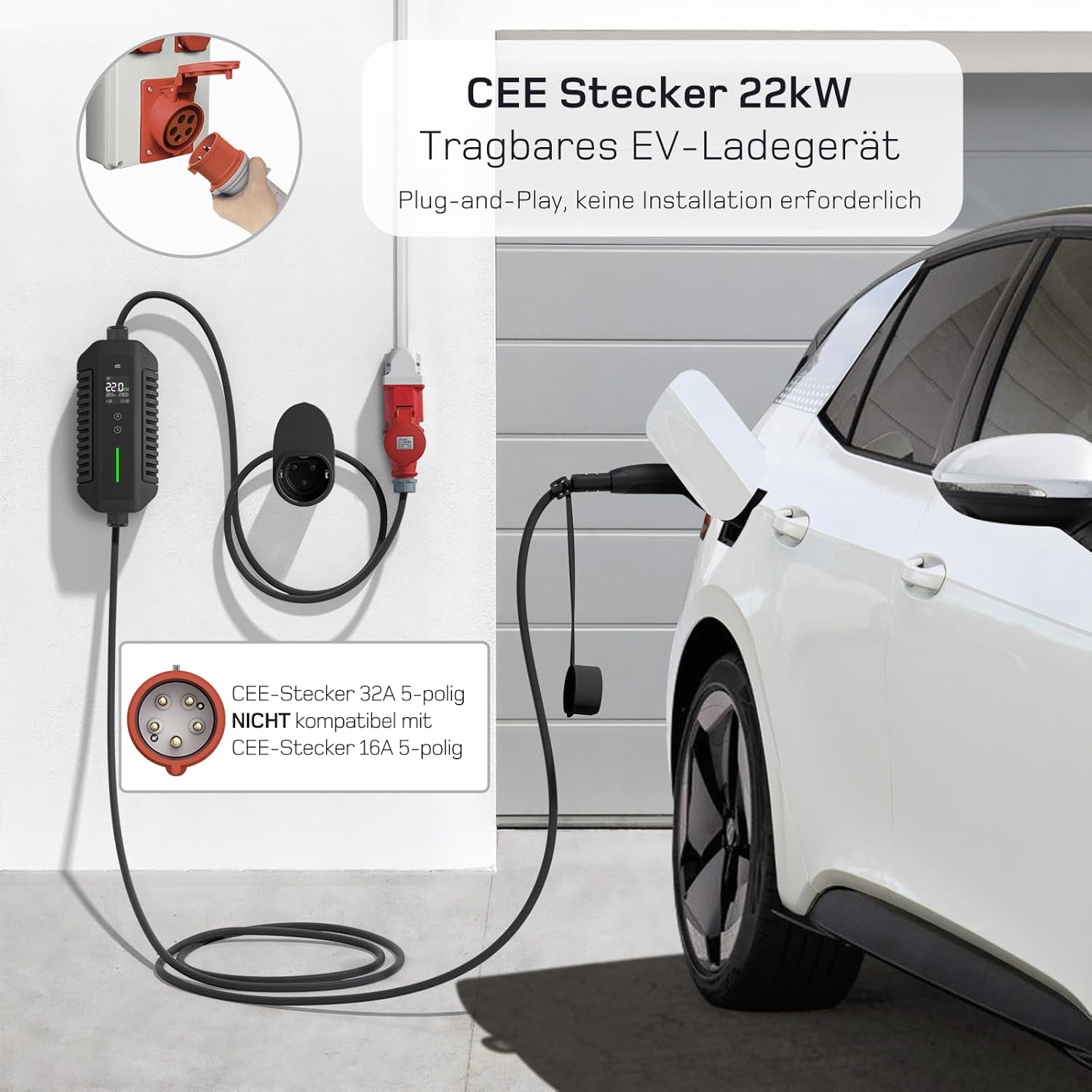 Mobile Wallbox/Ladestation 22kW [3-phasig | 15m | 6-32A] mit stromzähler, Ladekabel CEE 32A auf Typ 2 und EV Ladegerät für Model Y/3, ID.3/4/5, MG4, EX30, e-up, e-tron, Zoe und andere EV/PHEV