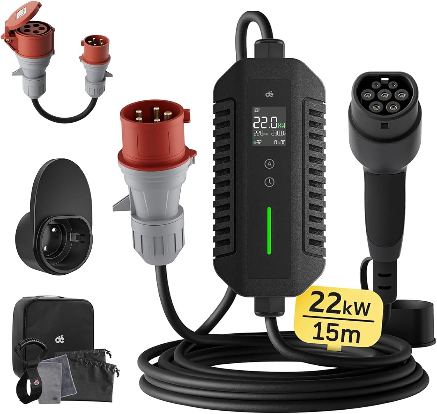 Mobile Wallbox/Ladestation 22kW [3-phasig | 15m | 6-32A] mit stromzähler, Ladekabel CEE 32A auf Typ 2 und EV Ladegerät für Model Y/3, ID.3/4/5, MG4, EX30, e-up, e-tron, Zoe und andere EV/PHEV