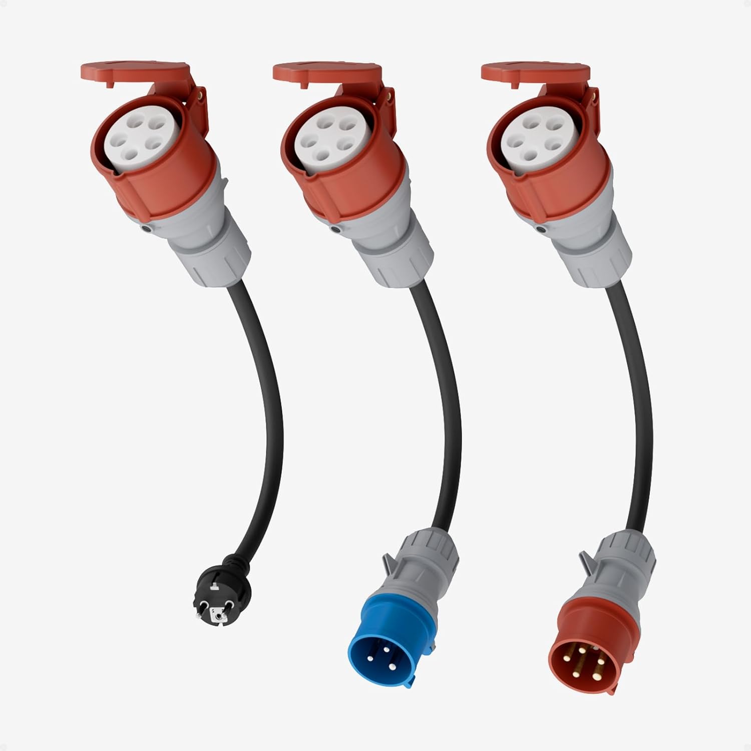 Adapterset CEE 32A 5-Poliger für Mobile Wallbox / EV Ladegerät / Ladestation an Rot 16A/ CEE Blau 16A/ 230V Haushaltssteckdose mit 0,5m Gummikabel H07RN-F 3G2.5mm² IP44 Außeneinsatz