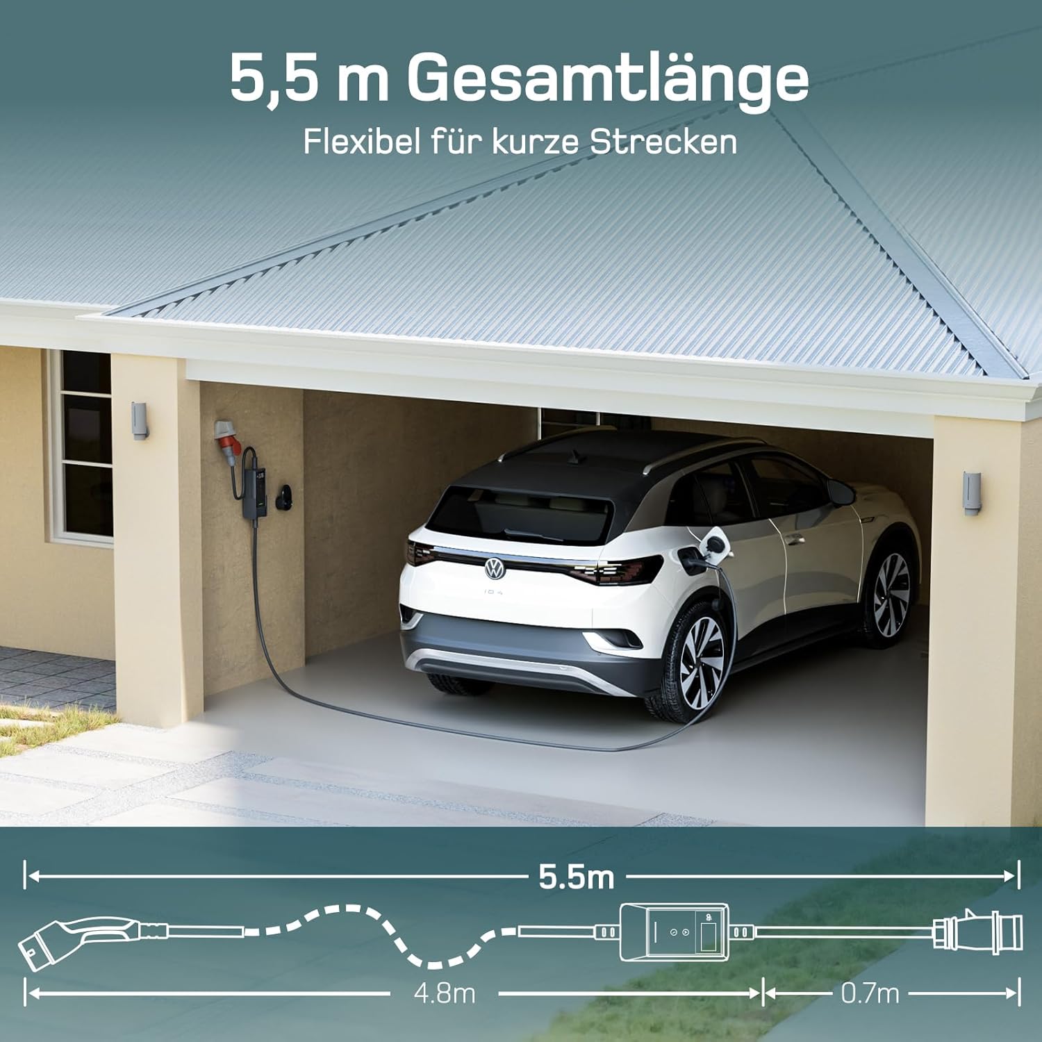 Mobile Wallbox 11kW mit APP 5,5m [0,7m+4,8m, 3-phasig, 6-16A] Ladekabel CEE 16A auf Typ 2 mit Einstellbarer Ladeleistung EV Charger Wallbox 11kw für Model Y/3 e-tron und BEV/PHEV