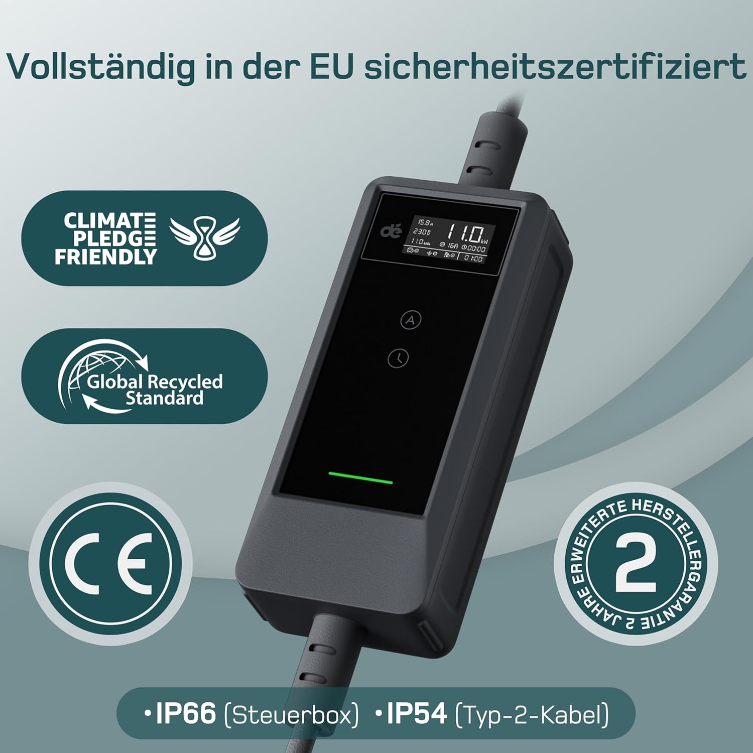 Mobile Wallbox 11kW mit APP [7 m | 3-phasig | 6–16 A], mit Traveller Set, CEE-16A 400V auf Typ 2 mit Einstellbarer Ladeleistung, EV-Charger für ID.3/4/5/7, IX1, Model 3/Y und andere BEV/PHEV