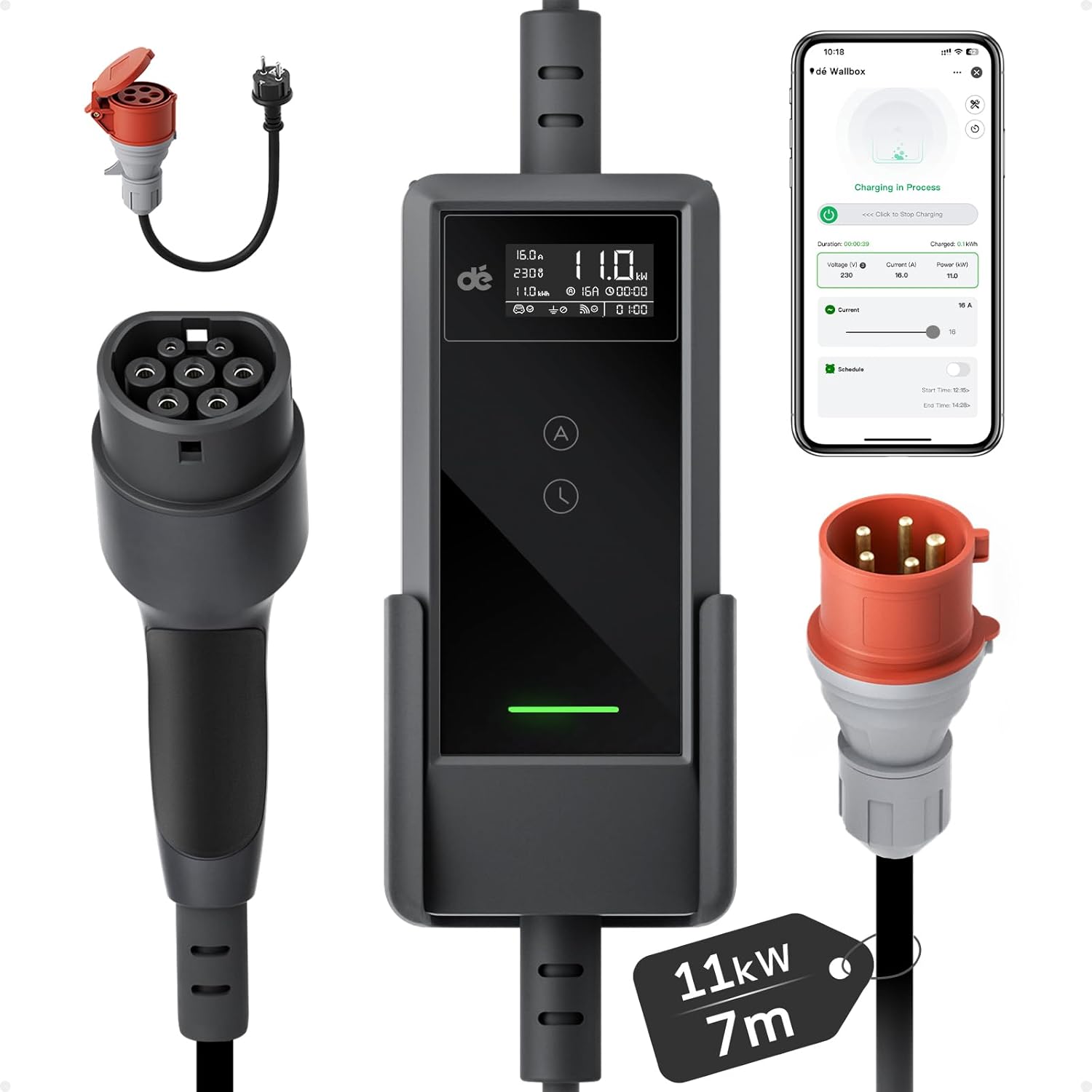 Mobile Wallbox 11kW mit APP [7 m | 3-phasig | 6–16 A], Ladekabel e Auto CEE-16A 400V auf Typ 2 mit Einstellbarer Ladeleistung, EV-Charger für ID.3/4/5/7, IX1, Model 3/Y und andere BEV/PHEV
