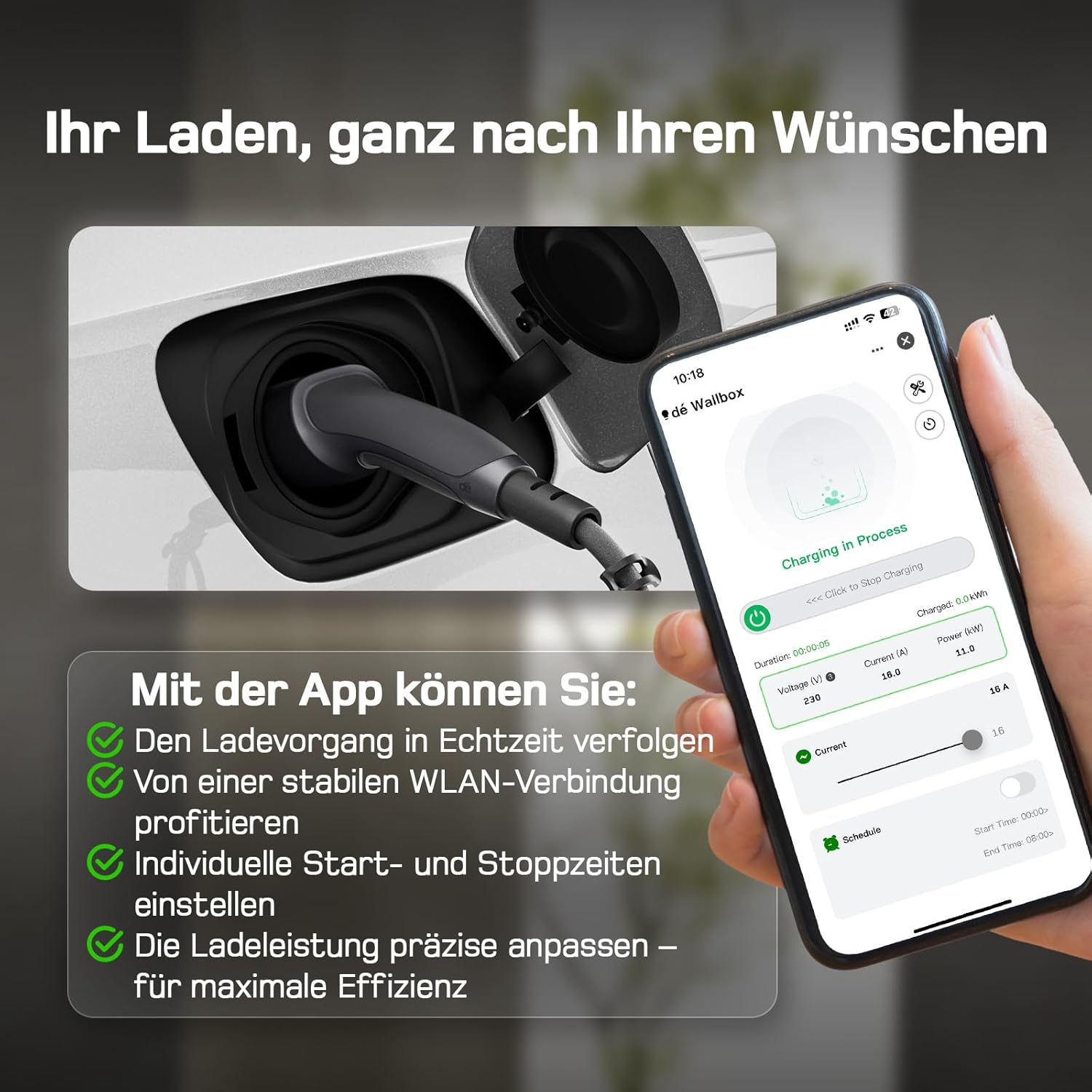 Mobile Wallbox 11kW mit APP [7 m | 3-phasig | 6–16 A], Ladekabel e Auto CEE-16A 400V auf Typ 2 mit Einstellbarer Ladeleistung, EV-Charger für ID.3/4/5/7, IX1, Model 3/Y und andere BEV/PHEV
