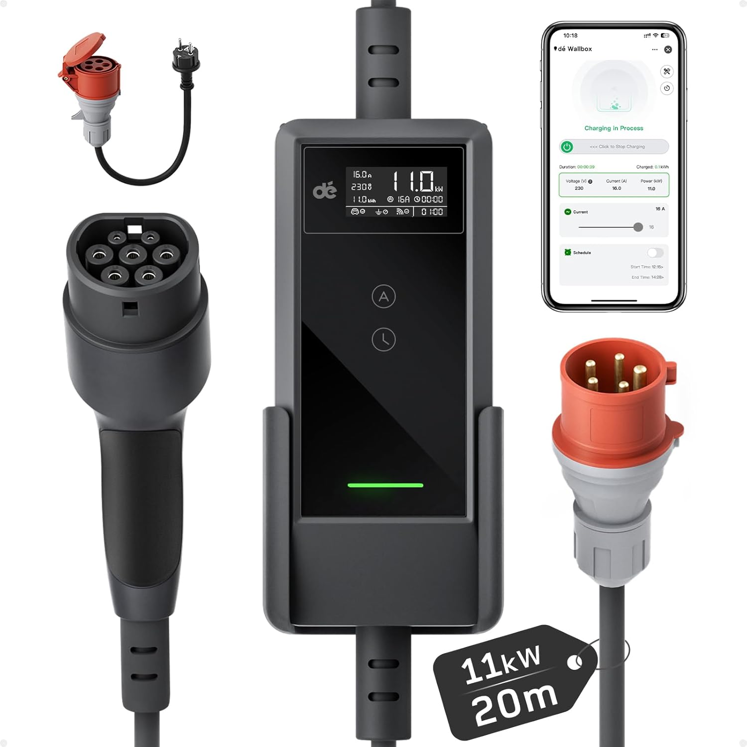 Mobile Wallbox 11kW mit APP [20 m | 3-phasig | 6–16 A], Ladekabel e Auto CEE-16A 400V auf Typ 2 mit Einstellbarer Ladeleistung, EV-Charger für ID.3/4/5/7, IX1, Model 3/Y und andere BEV/PHEV