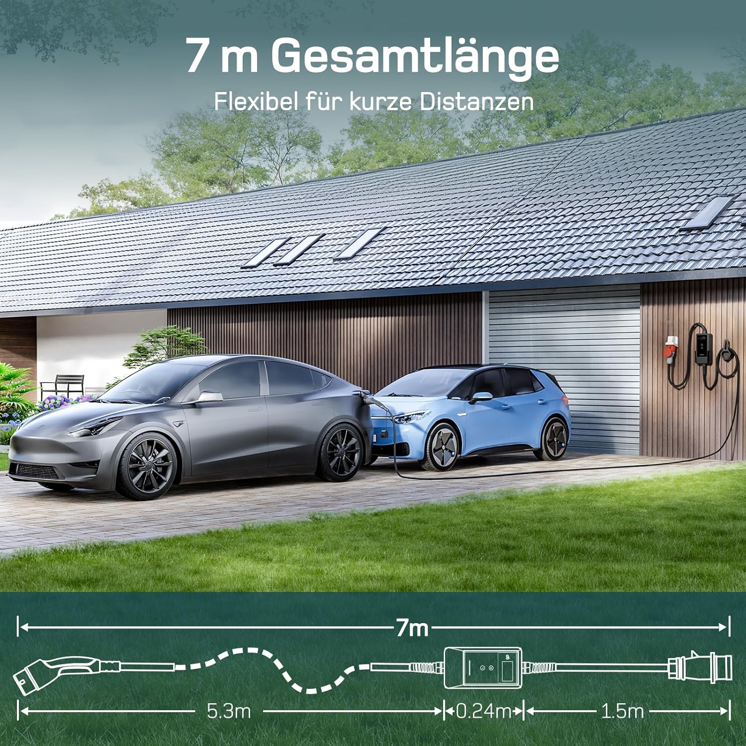 Mobile Wallbox/Ladestation 22kW Mit App [3-phasig | 7m | 6-32A] mit Stromzähler, Ladekabel CEE 32A auf Typ 2 und EV Ladegerät für Model Y/3, ID.3/4/5, MG4, EX30, e-up, e-tron und andere EV/PHEV