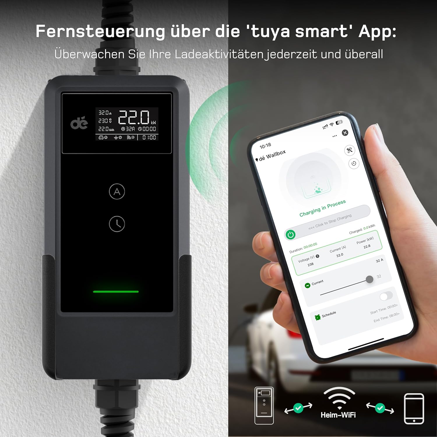 Mobile Wallbox/Ladestation 22kW Mit App [3-phasig | 15m | 6-32A] mit Stromzähler, Ladekabel CEE 32A auf Typ 2 und EV Ladegerät für Model Y/3, ID.3/4/5, MG4, EX30, e-up, e-tron und BEV/PHEV