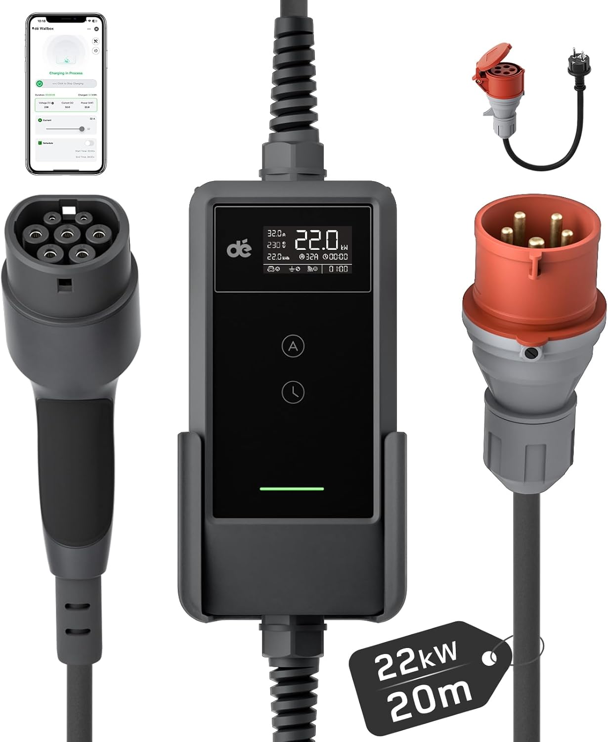 Mobile Wallbox/Ladestation 22kW Mit App [3-phasig | 20m | 6-32A] mit Stromzähler, Ladekabel CEE 32A auf Typ 2 und EV Ladegerät für Model Y/3, ID.3/4/5, MG4, EX30, e-up, e-tron und andere EV/PHEV