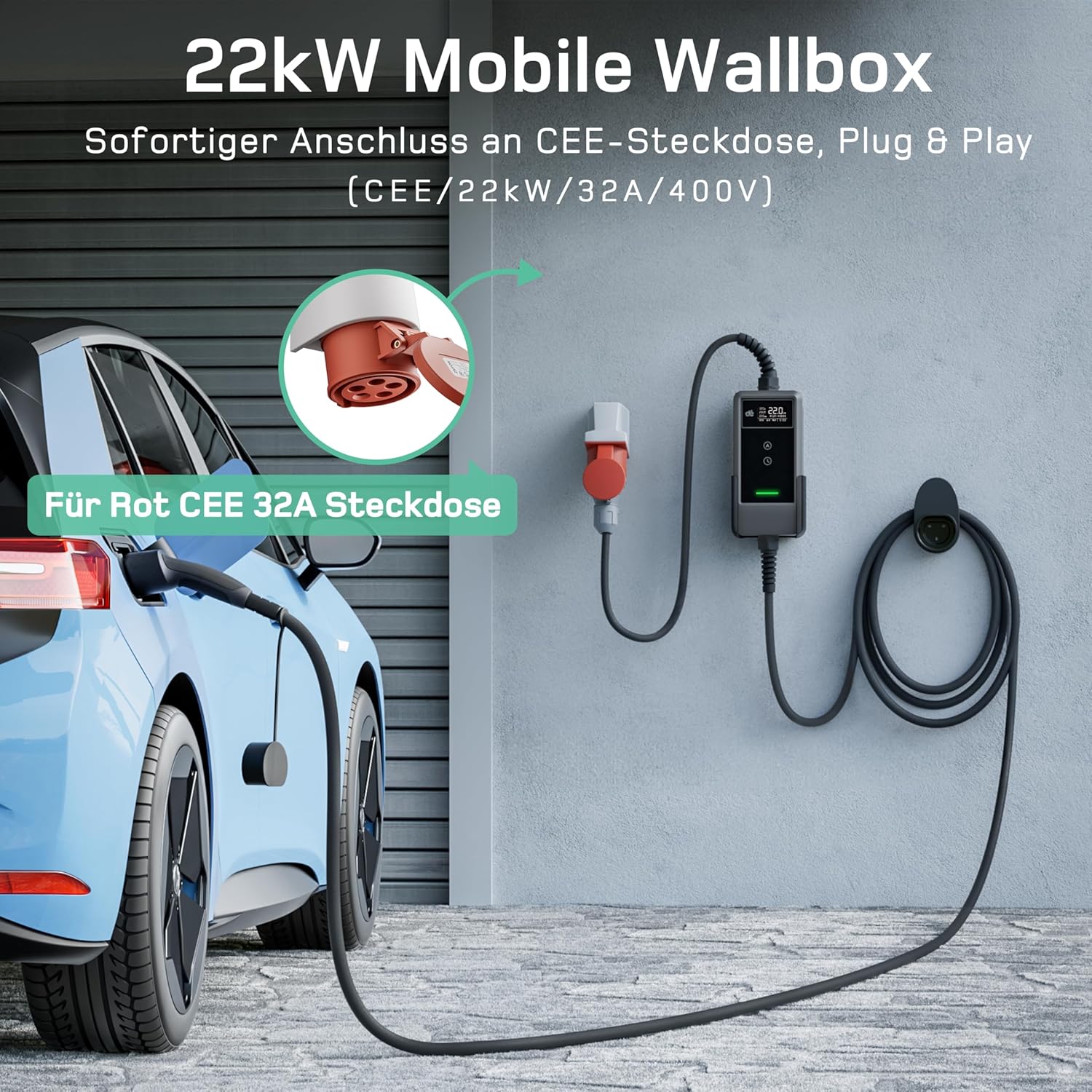 Mobile Wallbox/Ladestation 22kW Mit App [3-phasig | 20m | 6-32A] mit Stromzähler, Ladekabel CEE 32A auf Typ 2 und EV Ladegerät für Model Y/3, ID.3/4/5, MG4, EX30, e-up, e-tron und andere EV/PHEV