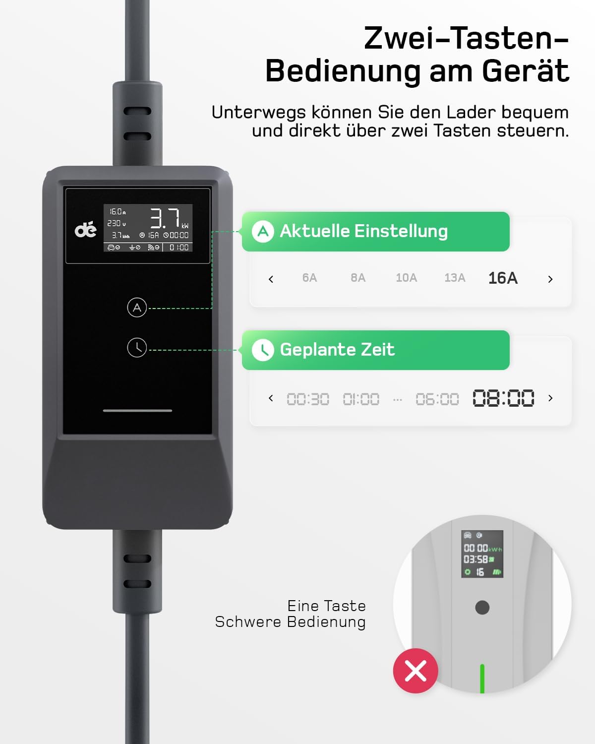 Typ 2 Ladekabel Schuko mit APP 3,7kW [7m, 6-16A, 1-phasig] Ladekabel Typ 2 Schuko mit Fernsteuerbarer Leistung - EV Charger 3,7kW für e Auto ID.3/4/5/7, Model Y/3, ENYAQ und Anderen PHEV/EV