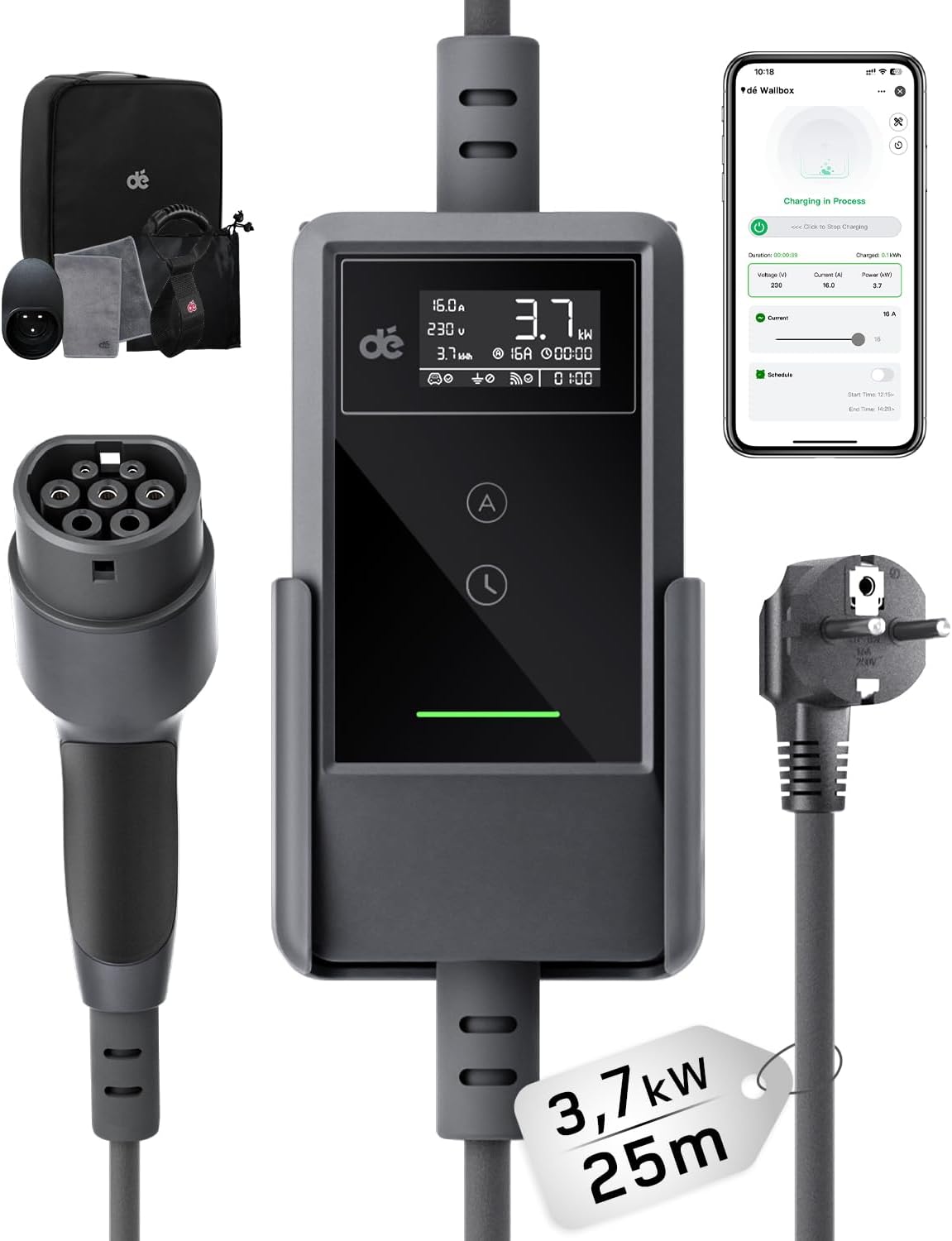 Typ 2 Ladekabel Schuko mit APP 3,7kW [25m, 6-16A, 1-phasig] Ladekabel Typ 2 Schuko mit Fernsteuerbarer Leistung - EV Charger 3,7kW für e Auto ID.3/4/5/7, Model Y/3, ENYAQ und Anderen PHEV/EV