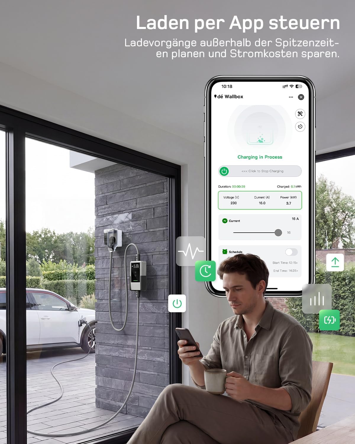 Typ 2 Ladekabel Schuko mit APP 3,7kW [7m, 6-16A, 1-phasig] Ladekabel Typ 2 Schuko mit Fernsteuerbarer Leistung - EV Charger 3,7kW Weiß für e Auto ID.3/4/5/7, Model Y/3, ENYAQ und Anderen PHEV/EV