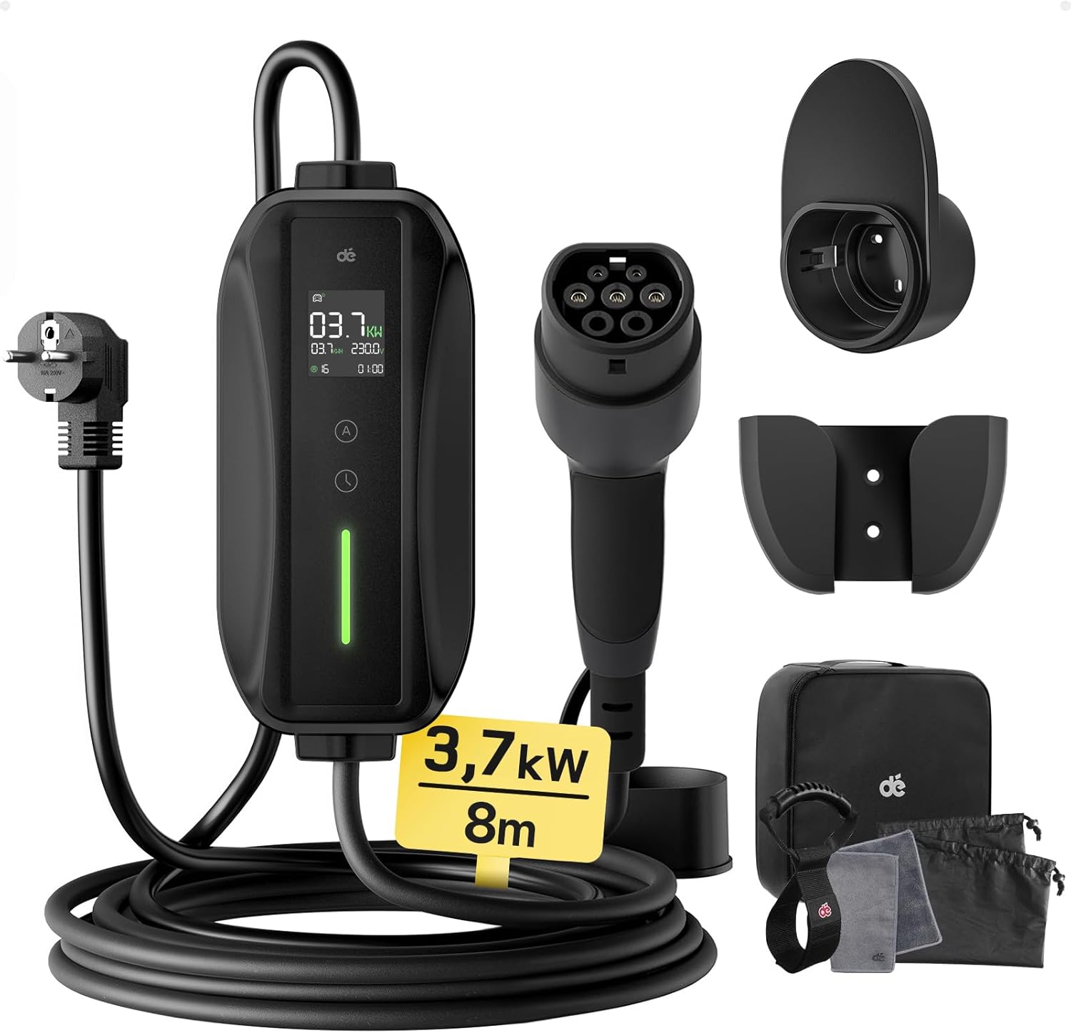 Ladekabel Typ 2 Schuko 3,68kW[1-phasig, 8m, 6-16A] EV Chargers mit Steuerbarer Digitalanzeige für Elektroauto, Ladekabel e Auto für Model 3/Y, ID.3, ID.4, ID.5, MG4, Q4, Gla und Anderen PHEV/EV…