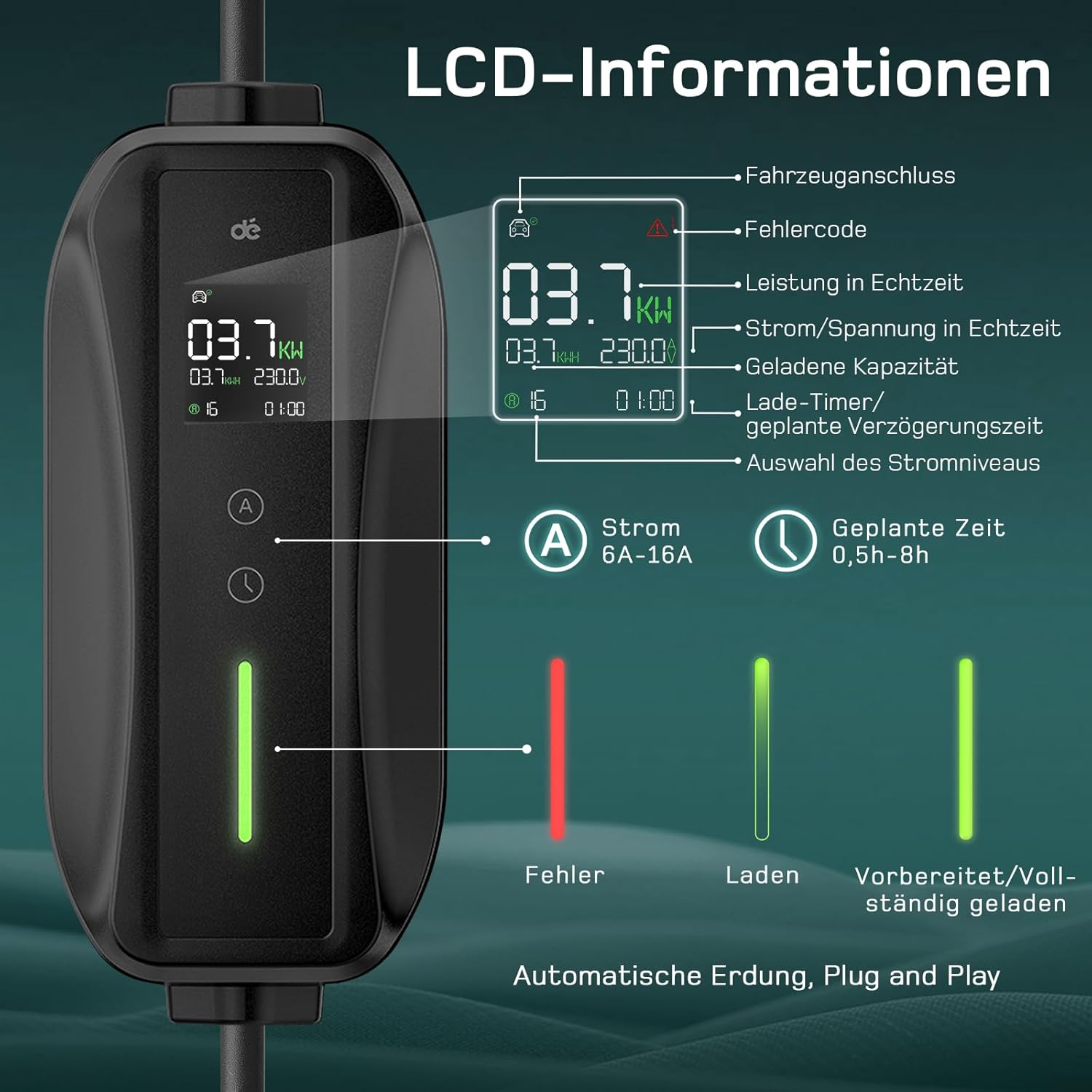Ladekabel Typ 2 Schuko 3,68kW [1-phasig, 15m, 6-16A] EV Chargers mit Steuerbarer Digitalanzeige für Elektroauto, Ladekabel e Auto für Model 3/Y, ID.3, ID.4, ID.5, MG4, Q4, Gla und Anderen PHEV/EV