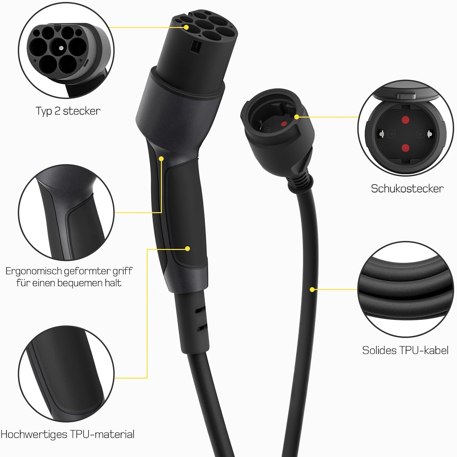 Adapter Typ 2 auf Schuko - Elektroauto Ladestecker, 16A 0.6m Einfaches Laden an Ladestationen/Wallboxen trotz Verwendung von 230V Ladegeräten für E-Bike, E-Scooter, Motorrad. IP55 Nicht für V2L