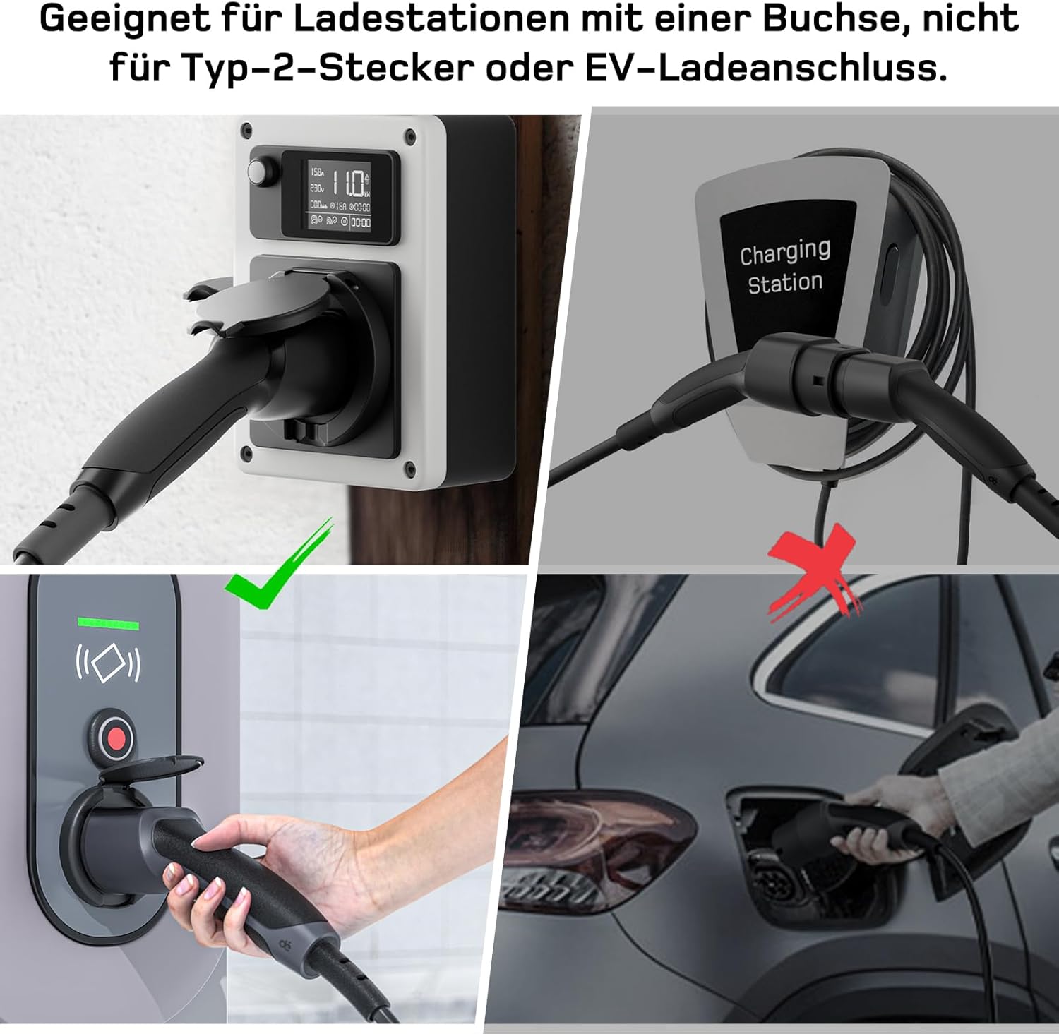 Adapter Typ 2 auf Schuko - Elektroauto Ladestecker, 16A 1.5m Einfaches Laden an Ladestationen/Wallboxen trotz Verwendung von 230V Ladegeräten für E-Bike, E-Scooter, Motorrad. IP55 Nicht für V2L