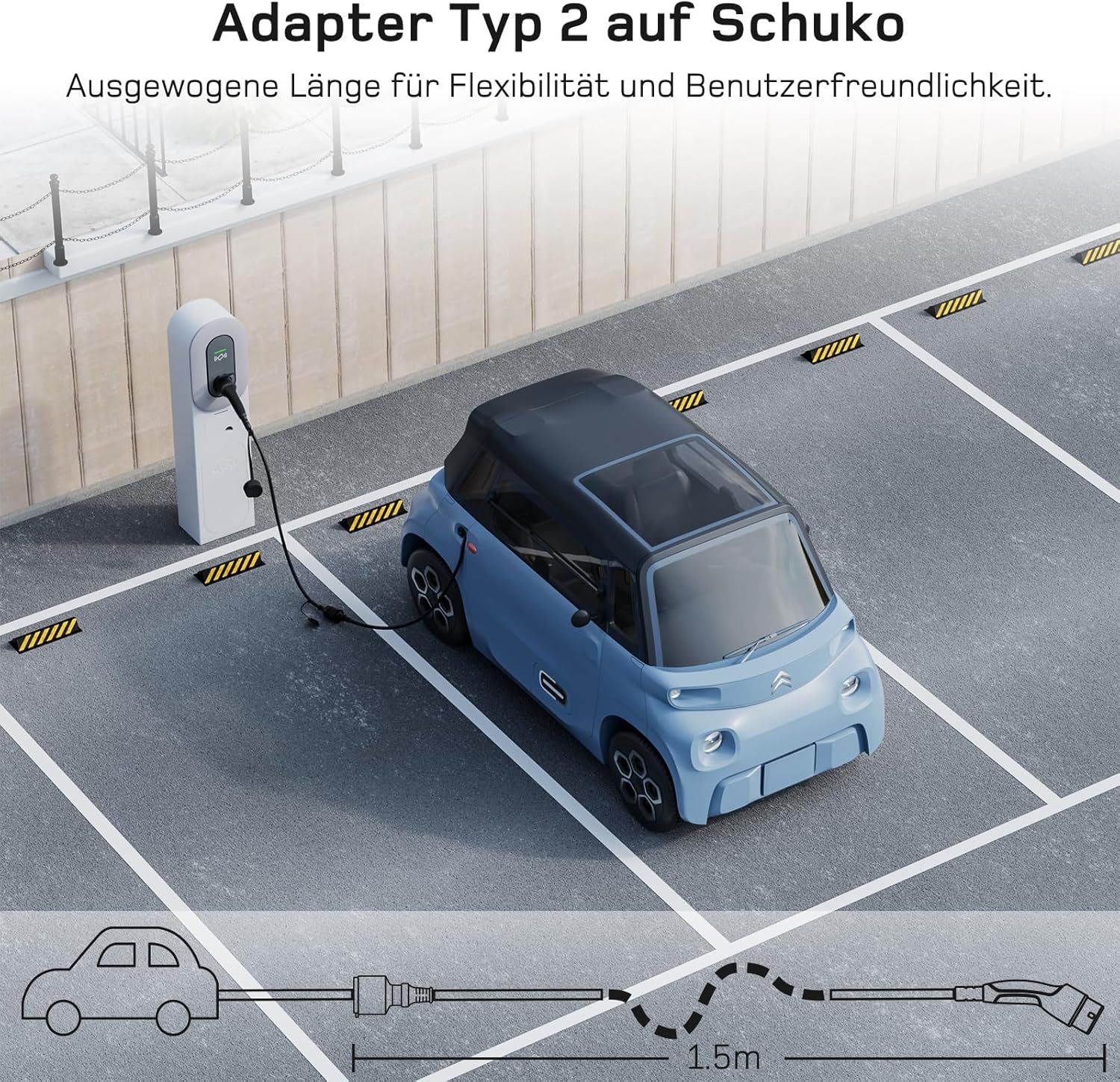 Adapter Typ 2 auf Schuko - Elektroauto Ladestecker, 16A 1.5m Einfaches Laden an Ladestationen/Wallboxen trotz Verwendung von 230V Ladegeräten für E-Bike, E-Scooter, Motorrad. IP55 Nicht für V2L