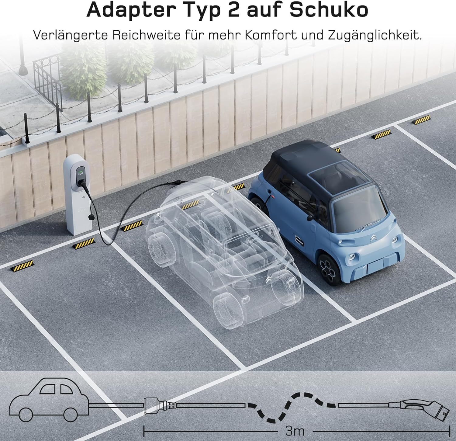 Adapter Typ 2 auf Schuko - Elektroauto Ladestecker, 16A 3m Einfaches Laden an Ladestationen/Wallboxen trotz Verwendung von 230V Ladegeräten für E-Bike, E-Scooter, Motorrad. IP55 Nicht für V2L