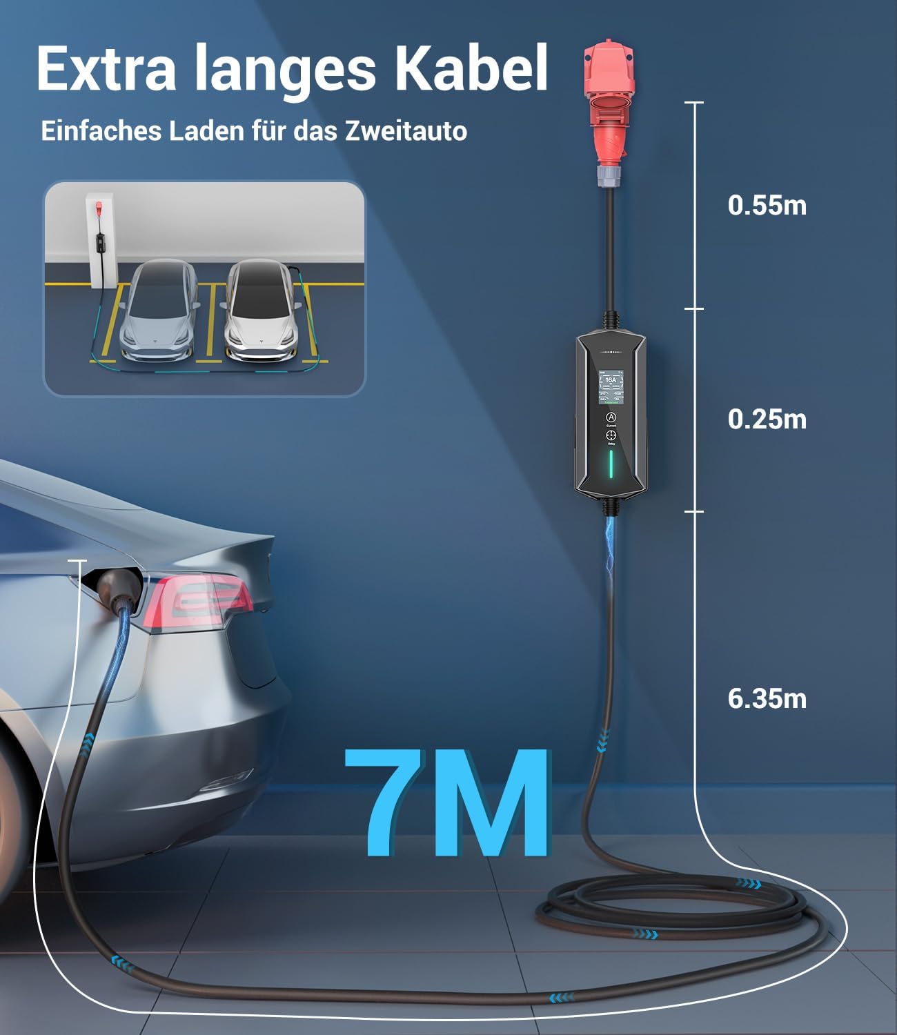 Mobile Wallbox 11kW 7M 6-16A, EV Charger mit CEE Adapter Typ 2 Ladekabel