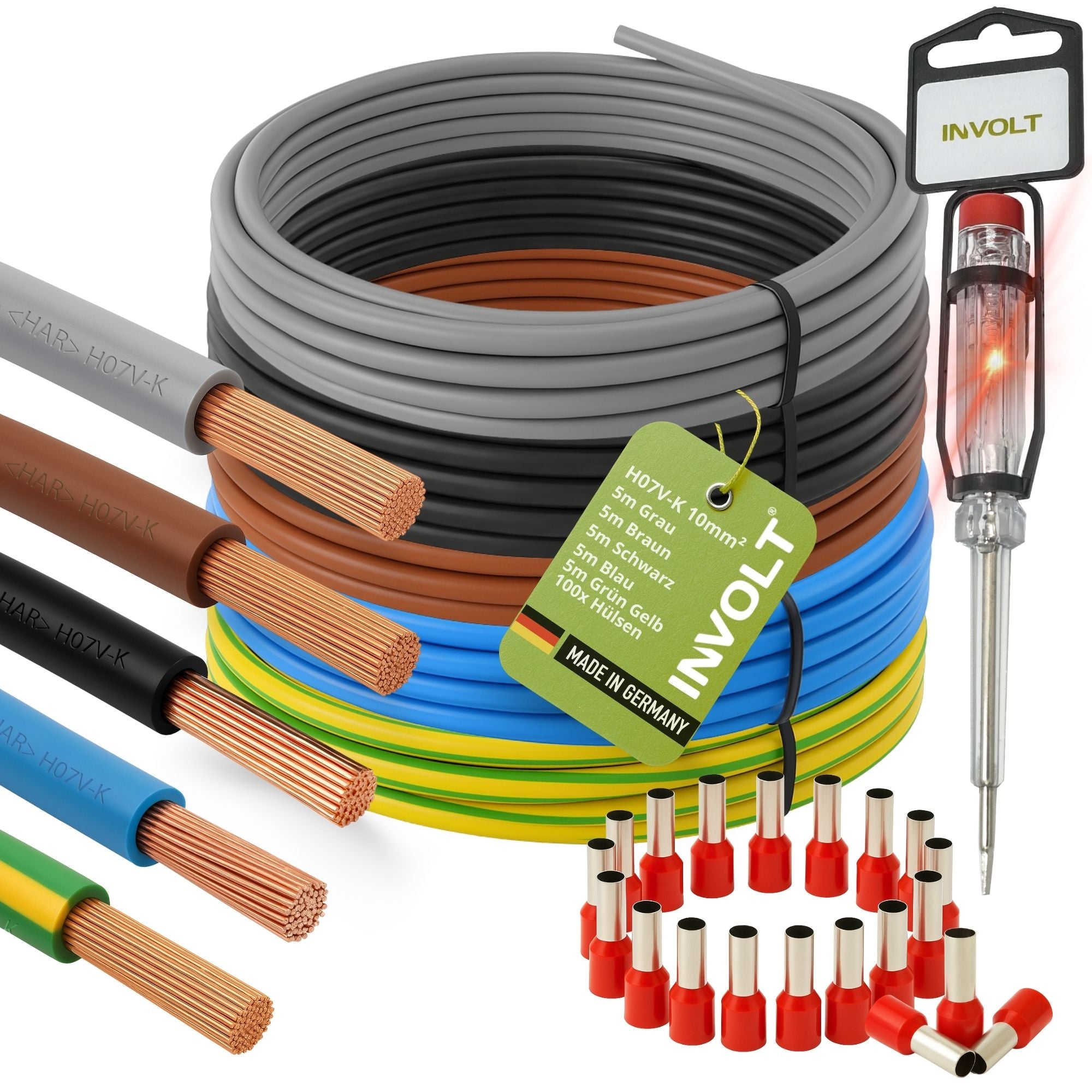 H07V-K 10 mm² Verdrahtungsleitung Set, 5x je 5m Einzelader Schwarz, Blau, Braun, Grau, Grün-Gelb + Zubehör
