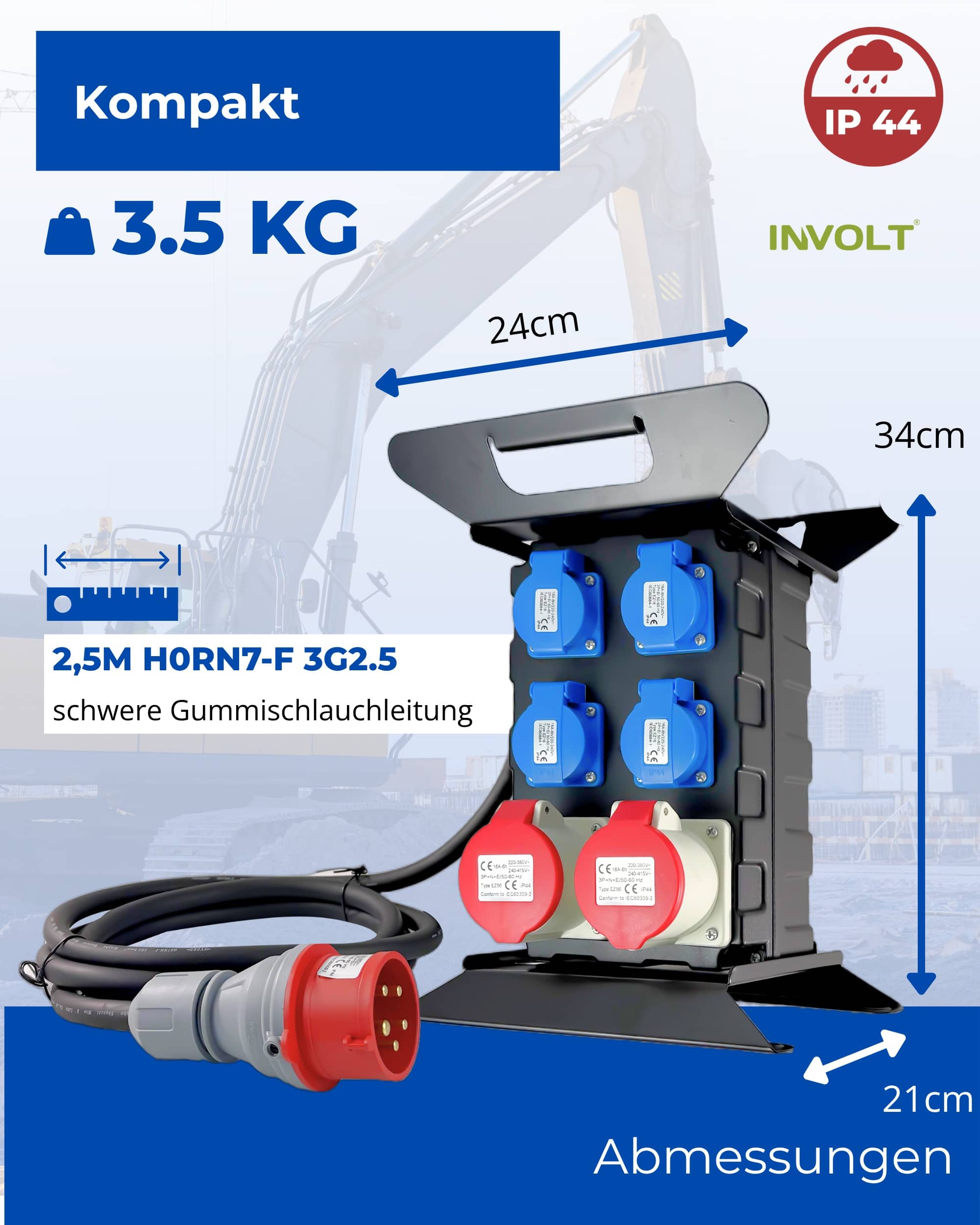 CEE Baustromverteiler Starkstrom Schuko Adapter 4 x 230V 2 x 400 V 5-polig 16A Mit FI Schutzschalter