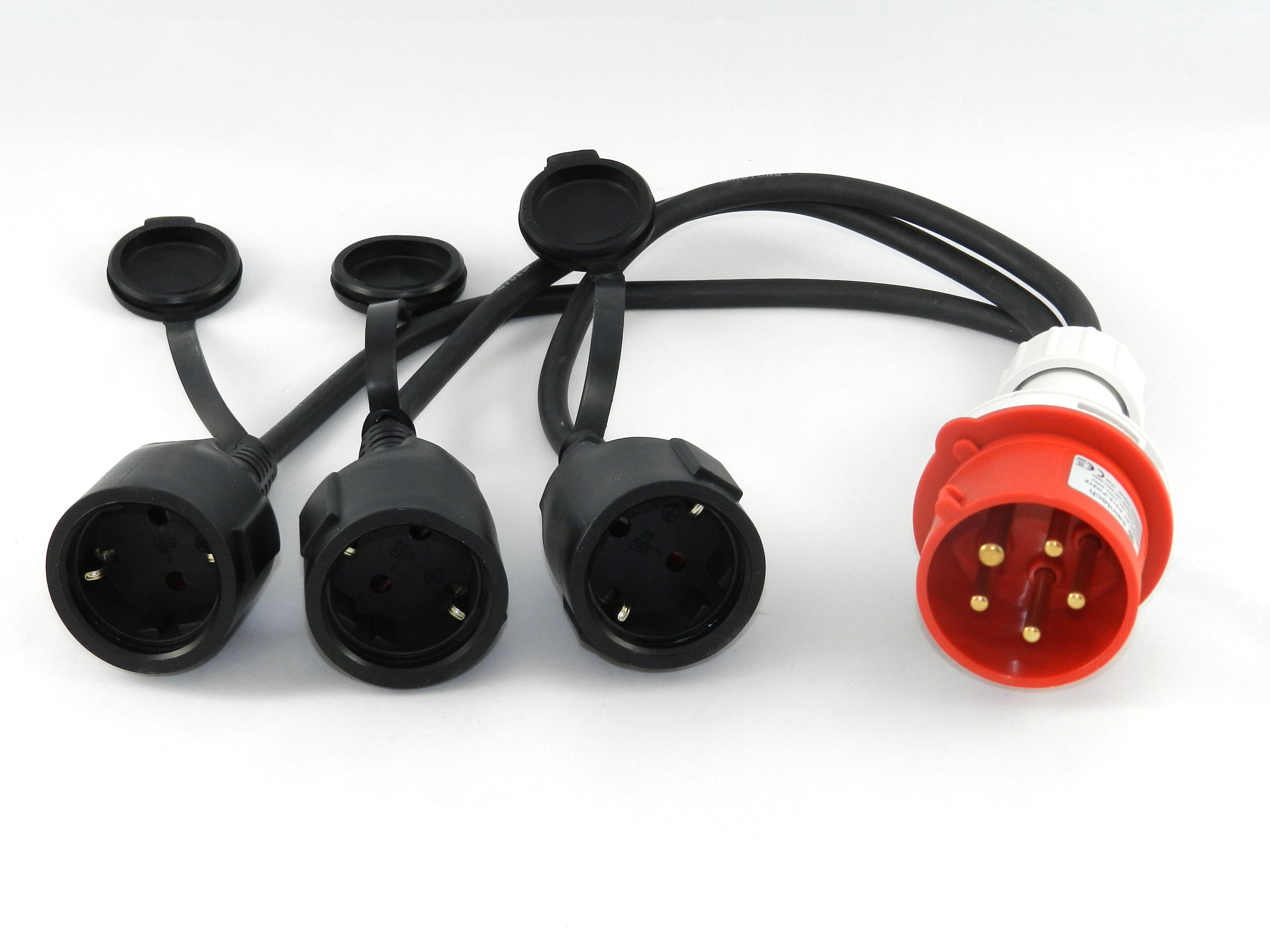 CEE-Adapter Starkstrom 16 A 400 V auf 3x Schuko 230 V IP44