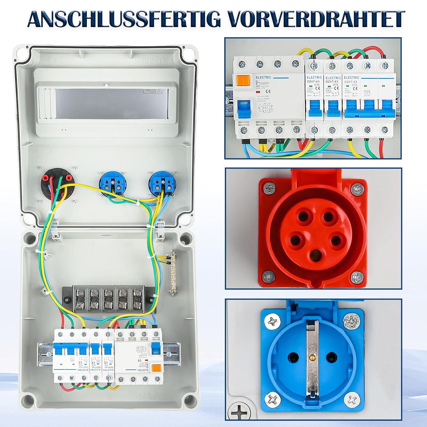 Wandverteiler 2x 230V Schuko + 1x CEE 400V 16A, IP54 Wasserdicht