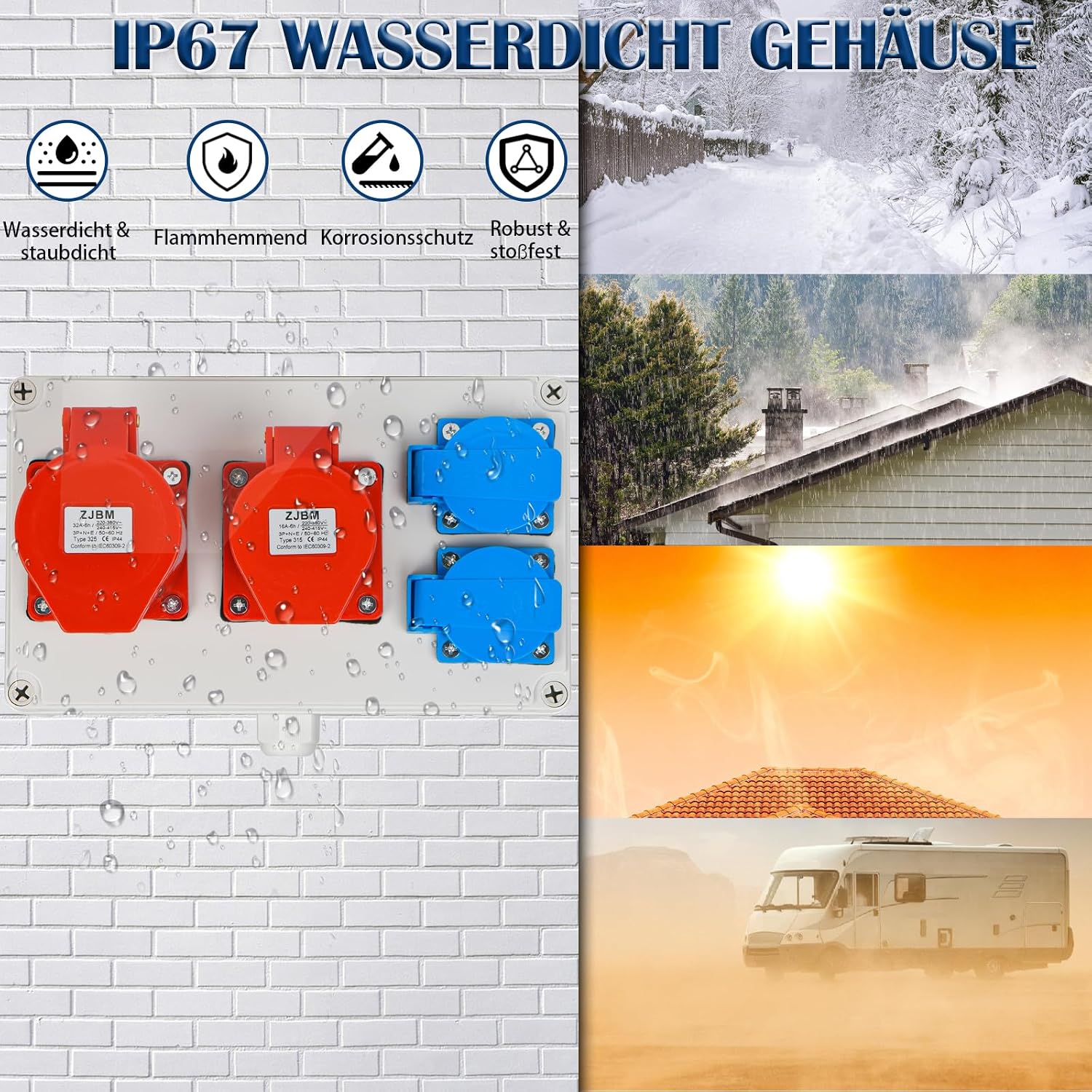Wandverteiler 2x 230V Schuko + 1x CEE 32A 400V + 1x CEE 16A 380V